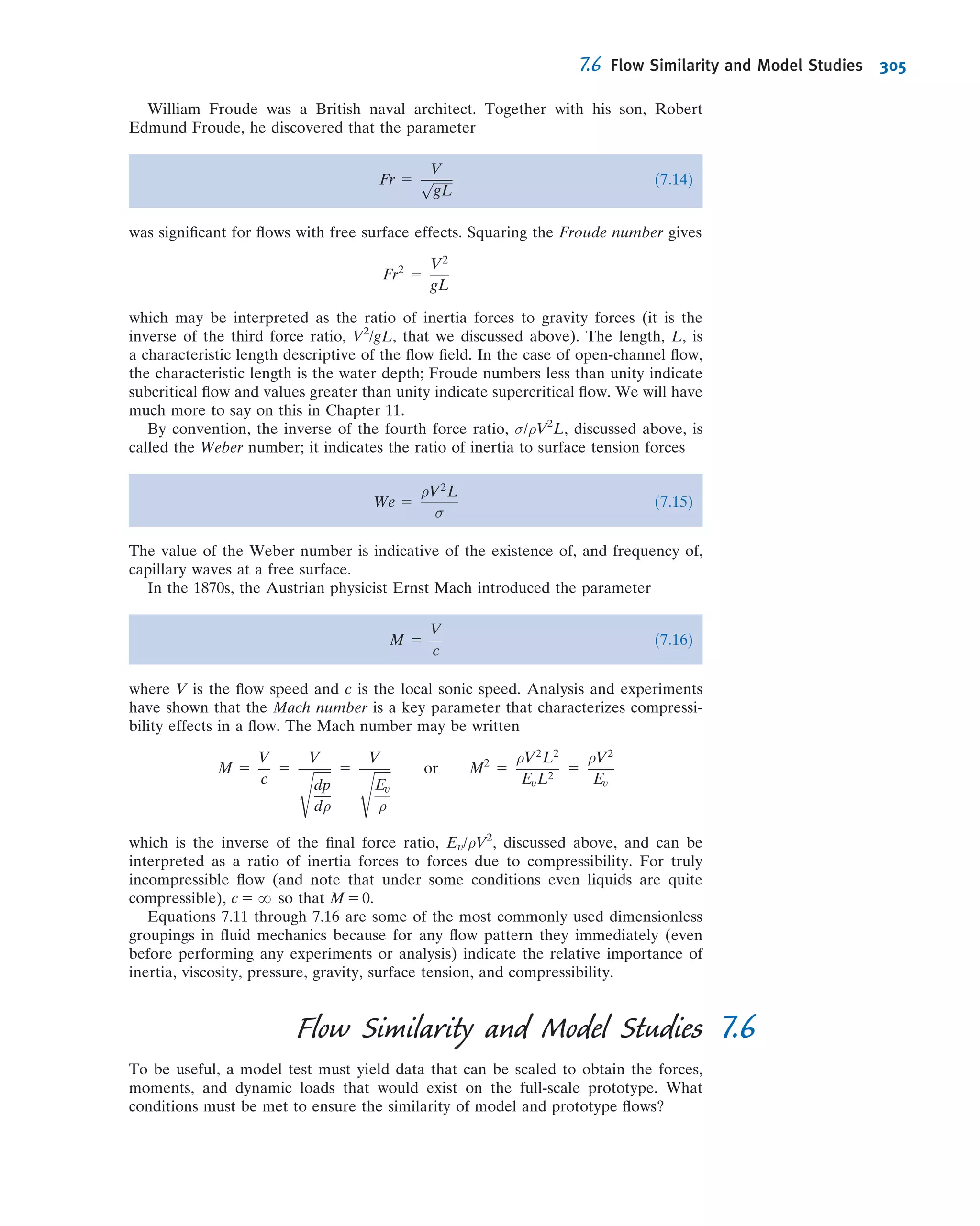 References
1. Shaw, R., “The Inﬂuence of Hole Dimensions on Static
Pressure Measurements,” J. Fluid Mech., 7, Part 4, April 1960,
pp. 550À564.
2. Chue, S. H., “Pressure Probes for Fluid Measurement,”
Progress in Aerospace Science, 16, 2, 1975, pp. 147À223.
3. United Sensor Corporation, 3 Northern Blvd., Amherst,
NH 03031.
4. Robertson, J. M., Hydrodynamics in Theory and Applica-
tion. Englewood Cliffs, NJ: Prentice-Hall, 1965.
5. Streeter, V. L., Fluid Dynamics. New York: McGraw-Hill,
1948.
6. Vallentine, H. R., Applied Hydrodynamics. London: But-
terworths, 1959.
7. Lamb, H., Hydrodynamics. New York: Dover, 1945.
8. Milne-Thomson, L. M., Theoretical Hydrodynamics, 4th ed.
New York: Macmillan, 1960.
9. Karamcheti, K., Principles of Ideal-Fluid Aerodynamics.
New York: Wiley, 1966.
10. Kirchhoff, R. H., Potential Flows: Computer Graphic
Solutions. New York: Marcel Dekker, 1985.
11. Rouse, H., and S. Ince, History of Hydraulics. New York:
Dover, 1957.
12. Kuethe, A. M., and C.-Y. Chow, Foundations of Aero-
dynamics: Bases of Aerodynamic Design, 4th ed. New York:
Wiley, 1986.
13. Fluent. Fluent Incorporated, Centerra Resources Park, 10
Cavendish Court, Lebanon, NH 03766 (www.ﬂuent.com).
14. STAR-CD. Adapco, 60 Broadhollow Road, Melville, NY
11747 (www.cd-adapco.com).
Problems
Euler’s Equation
6.1 Consider the ﬂow ﬁeld with velocity given by
~V 5 ½Aðy2
2 x2
Þ 2 BxŠ^i 1 ½2Axy 1 ByŠ^j; A 5 1 ft21
Á s21
, B 5 1
ft21
Á s21
; the coordinates are measured in feet. The density is
2 slug/ft3
, and gravity acts in the negative y direction. Cal-
culate the acceleration of a ﬂuid particle and the pressure
gradient at point (x, y) 5 (1, 1).
6.2 An incompressible frictionless ﬂow ﬁeld is given by
~V ¼ ðAx þ ByÞ^i þ ðBx À AyÞ^j, where A 5 2 s21
and B 5 2 s21
,
and the coordinates are measured in meters. Find the magni-
tude anddirection of the accelerationof a ﬂuidparticle atpoint
(x, y) 5 (2, 2). Find the pressure gradient at the same point, if
~g ¼ Àg^j and the ﬂuid is water.
6.3 A horizontal ﬂow of water is described by the velocity
ﬁeld ~V ¼ ðÀAx þ BtÞ^i þ ðAy þ BtÞ^j, where A 5 1 s21
and
B 5 2 m/s2
, x and y are in meters, and t is in seconds. Find
expressions for the local acceleration, the convective
acceleration, and the total acceleration. Evaluate these at point
(1, 2) at t 5 5 seconds. Evaluate rp at the same point and time.
6.4 A velocity ﬁeld in a ﬂuid with density of 1000 kg/m3
is given
by ~V ¼ ðÀAx þ ByÞt^i þ ðAy þ BxÞt^j, where A 5 2 s22
and
B 5 1 s22
, x and y are in meters, and t is in seconds. Body forces
are negligible. Evaluate rp at point (x, y) 5 (1, 1) at t 5 1 s.
6.5 Consider the ﬂow ﬁeld with velocity given by
~V 5 ½Aðx2
2 y2
Þ 2 3BxŠ^i 2 ½2Axy 2 3ByŠ^j, where A 5 1 ft21
Á
s21
, B 5 1 s21
, and the coordinates are measured in feet. The
density is 2 slug/ft3
and gravity acts in the negative y direc-
tion. Determine the acceleration of a ﬂuid particle and the
pressure gradient at point (x, y) 5 (1, 1).
6.6 The x component of velocity in an incompressible ﬂow
ﬁeld is given by u 5 Ax, where A 5 2 s21
and the coordinates
are measured in meters. The pressure at point (x, y) 5 (0, 0)
is p0 5 190 kPa (gage). The density is ρ 5 1.50 kg/m3
and the
z axis is vertical. Evaluate the simplest possible y component
generates lift, less power is needed for takeoff. Studies
have also shown that BWB designs can ﬁt into the 80-m
(260-ft) envelope that is the current standard for airplane
maneuver at airports. A BWB could carry up to 1000
people, making such a future U.S. product a challenge to
Airbus’s A380 and future stretched versions.
Apart from possible fuel savings of up to 30 percent
due to improved streamlining, the interior of a
commercial BWB airplane would be radically different
from that of current airplanes. Passengers would enter a
room like a movie theater rather than a cramped half-
cylinder, there would be no windows (video screens
would be connected to external cameras instead),
and passengers would be seated in the large movie
theaterÀlike room (because seating is not only in the
central core but also well out into the blended wings).
Problems 279
 
