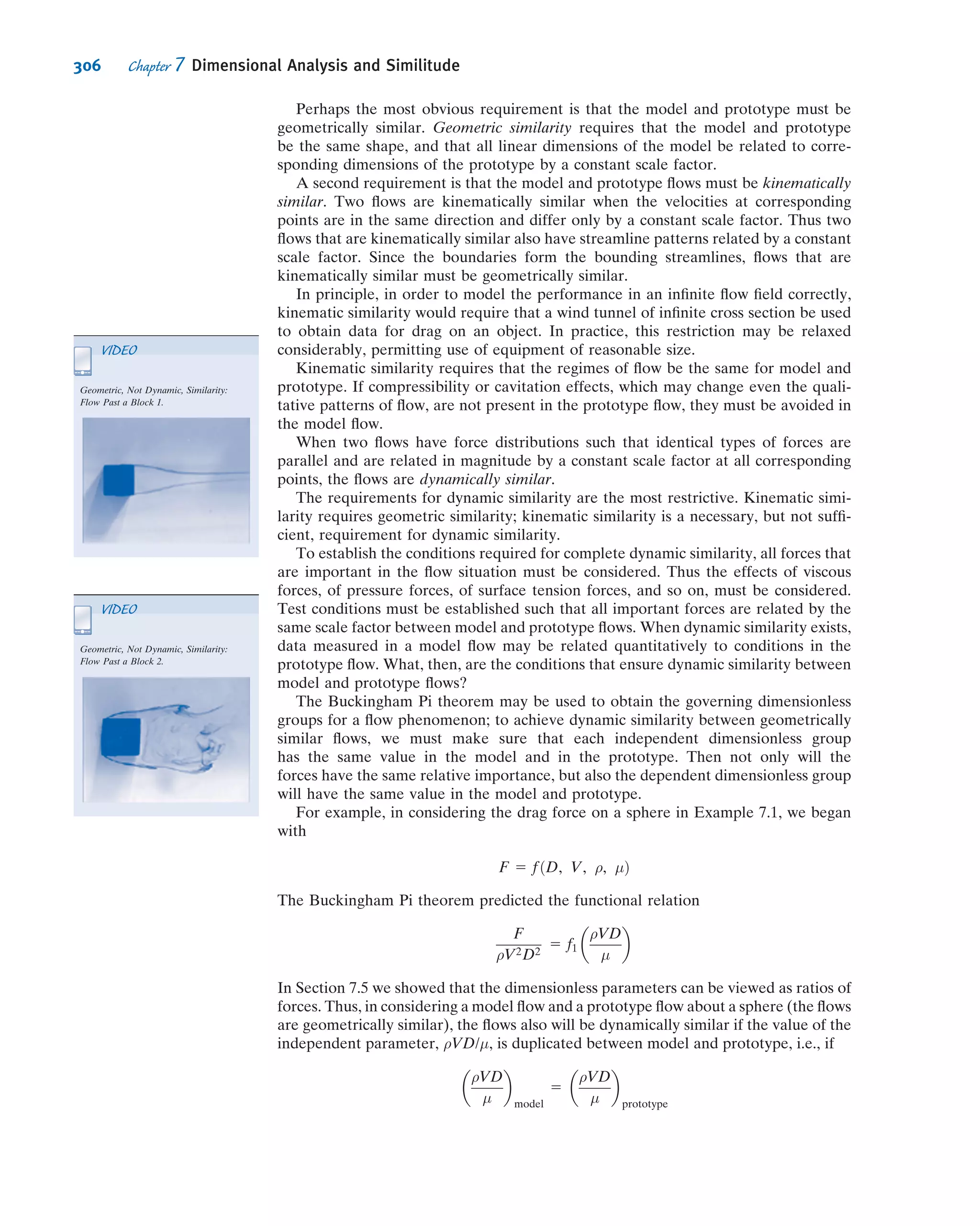 of velocity. Calculate the ﬂuid acceleration and determine
the pressure gradient at point (x, y) 5 (2, 1). Find the pres-
sure distribution along the positive x axis.
6.7 Consider the ﬂow ﬁeld with velocity given by ~V 5
Ax sinð2πωtÞ^i 2 Ay sinð2πωtÞ^j, where A 5 2 s21
and ω 5 1 s21
.
The ﬂuid density is 2 kg/m3
. Find expressions for the local
acceleration, the convective acceleration, and the total
acceleration. Evaluate these at point (1, 1) at t 5 0, 0.5, and
1 seconds. Evaluate rp at the same point and times.
6.8 The velocity ﬁeld for a plane source located distance
h 5 1 m above an inﬁnite wall aligned along the x axis is
given by
~V 5
q
2π½x2 1 ðy 2 hÞ2
Š
½x^i 1 ðy 2 hÞ^j Š
1
q
2π½x2 1 ðy 1 hÞ2
Š
½x^i 1 ðy 1 hÞ^j Š
where q 5 2 m3
/s/m. The ﬂuid density is 1000 kg/m3
and body
forces are negligible. Derive expressions for the velocity and
acceleration of a ﬂuid particle that moves along the wall, and
plot from x 5 0 to x 5 110h. Verify that the velocity and
acceleration normal to the wall are zero. Plot the pressure
gradient @p/@x along the wall. Is the pressure gradient along
the wall adverse (does it oppose ﬂuid motion) or not?
y
x
h
P6.8
6.9 The velocity distribution in a two-dimensional steady
ﬂow ﬁeld in the xy plane is ~V 5 ðAx 2 BÞ^i 1 ðC 2 AyÞ^j,
where A 5 2 s21
, B 5 5 m Á s21
, and C 5 3 m Á s21
; the coor-
dinates are measured in meters, and the body force dis-
tribution is ~g 5 2g^k. Does the velocity ﬁeld represent the
ﬂow of an incompressible ﬂuid? Find the stagnation point
of the ﬂow ﬁeld. Obtain an expression for the pressure gra-
dient in the ﬂow ﬁeld. Evaluate the difference in pressure
between point (x, y) 5 (1, 3) and the origin, if the density is
1.2 kg/m3
.
6.10 In a two-dimensional frictionless, incompressible
(ρ 5 1500 kg/m3
) ﬂow, the velocity ﬁeld in meters per second
is given by ~V ¼ ðAx þ ByÞ^i þ ðBx À AyÞ^j; the coordinates
are measured in meters, and A 5 4 s21
and B 5 2 s21
. The
pressure is p0 5 200 kPa at point (x, y) 5 (0, 0). Obtain an
expression for the pressure ﬁeld, p(x, y) in terms of p0, A, and
B, and evaluate at point (x, y) 5 (2, 2).
6.11 An incompressible liquid with a density of 1250 kg/m3
and negligible viscosity ﬂows steadily through a horizontal
pipe of constant diameter. In a porous section of length L 5
5 m, liquid is removed at a constant rate per unit length so that
the uniform axial velocity in the pipe is uðxÞ ¼ Uð1 À x=LÞ,
where U 5 15 m/s. Develop expressions for and plot the
pressure gradient along the centerline. Evaluate the outlet
pressure if the pressure at the inlet to the porous section is
100 kPa (gage).
6.12 An incompressible liquid with a density of 900 kg/m3
and
negligible viscosity ﬂows steadily through a horizontal pipe of
constant diameter. In a porous section of length L 5 2 m,
liquid is removed at a variable rate along the length so that the
uniform axial velocity in the pipe is uðxÞ ¼ UeÀx=L
, where
U 5 20 m/s. Develop expressions for and plot the acceleration
of a ﬂuid particle along the centerline of the porous section
and the pressure gradient along the centerline. Evaluate the
outlet pressure if the pressure at the inlet to the porous section
is 50 kPa (gage).
6.13 For the ﬂow of Problem 4.123 show that the uniform
radial velocity is Vr 5 Q/2πrh. Obtain expressions for the r
component of acceleration of a ﬂuid particle in the gap and
for the pressure variation as a function of radial distance
from the central holes.
6.14 The velocity ﬁeld for a plane vortex sink is given by
~V 5 ð2q=2πrÞˆer 1 ðK=2πrÞˆeθ, where q 5 2 m3
/s/m and
K 5 1 m3
/s/m. The ﬂuid density is 1000 kg/m3
. Find the
acceleration at (1, 0), (1, π/2), and (2, 0). Evaluate rp under
the same conditions.
6.15 An incompressible, inviscid ﬂuid ﬂows into a horizontal
round tube through its porous wall. The tube is closed at the
left end and the ﬂow discharges from the tube to the atmo-
sphere at the right end. For simplicity, consider the x compo-
nent of velocity in the tube uniform across any cross section.
The density of the ﬂuid is ρ, the tube diameter and length are
D and L, respectively, and the uniform inﬂow velocity is v0.
The ﬂow is steady. Obtain an algebraic expression for the x
component of acceleration of a ﬂuid particle located at posi-
tion x, in terms of v0, x, and D. Find an expression for the
pressure gradient, @p=@x, at position x. Integrate to obtain an
expression for the gage pressure at x 5 0.
6.16 An incompressible liquid with negligible viscosity and
density ρ 5 1.75 slug/ft3
ﬂows steadily through a horizontal
pipe. The pipe cross-section area linearly varies from 15 in2
to
2.5 in2
over a length of 10 feet. Develop an expression for and
plot the pressure gradient and pressure versus position along
the pipe, if the inlet centerline velocity is 5 ft/s and inlet
pressure is 35 psi. What is the exit pressure? Hint: Use relation
u
@u
@x
¼
1
2
@
@x
ðu2
Þ
6.17 An incompressible liquid with negligible viscosity and
density ρ 5 1250 kg/m3
ﬂows steadily through a 5-m-long
convergent-divergent section of pipe for which the area
varies as
AðxÞ ¼ A0ð1 þ eÀx=a
À eÀx=2a
Þ
where A0 5 0.25 m2
and a 5 1.5 m. Plot the area for the ﬁrst
5 m. Develop an expression for and plot the pressure gradient
and pressure versus position along the pipe, for the ﬁrst 5 m,
if the inlet centerline velocity is 10 m/s and inlet pressure is
300 kPa. Hint: Use relation
u
@u
@x
¼
1
2
@
@x
ðu2
Þ
280 Chapter 6 Incompressible Inviscid Flow
 