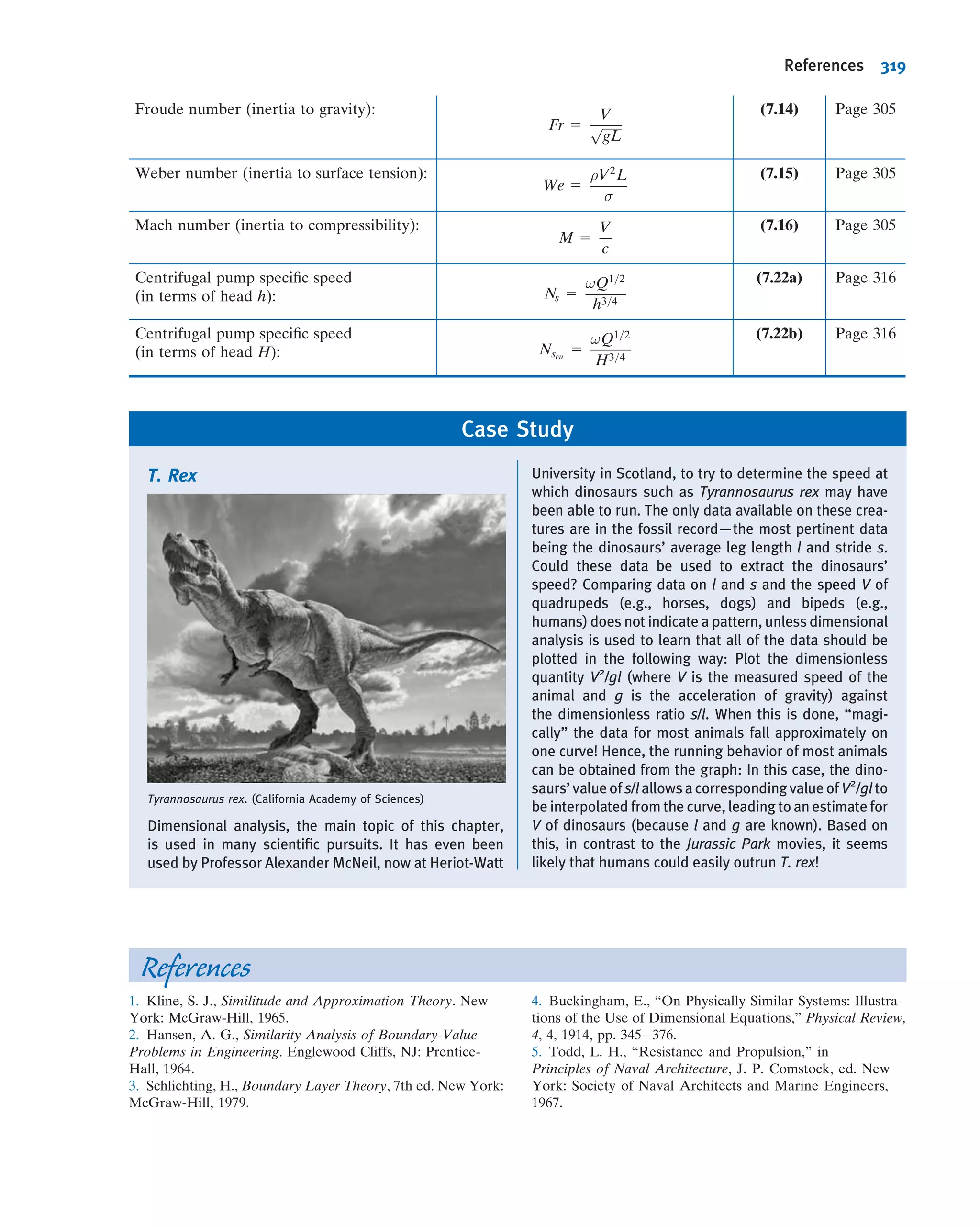 two-dimensional ﬂow of a Newtonian ﬂuid with constant viscosity (already quite a list
of assumptions!). The mass conservation equation (Eq. 5.1c) becomes
@u
@x
1
@v
@y
5 0 ð7:1Þ
and the NavierÀStokes equations (Eqs. 5.27) reduce to
ρ u
@u
@x
1 v
@u
@y
 
5 2
@p
@x
1 μ
@2
u
@x2
1
@2
u
@y2
 
ð7:2Þ
and
ρ u
@v
@x
1 v
@v
@y
 
5 2ρg 2
@p
@y
1 μ
@2
v
@x2
1
@2
v
@y2
 
ð7:3Þ
As we discussed in Section 5.4, these equations form a set of coupled nonlinear partial
differential equations for u, v, and p, and are difﬁcult to solve for most ﬂows.
Equation 7.1 has dimensions of 1/time, and Eqs. 7.2 and 7.3 have dimensions of force/
volume. Let us see what happens when we convert them into dimensionless equations.
(Even if you did not study Section 5.4 you will be able to understand the following
material.)
To nondimensionalize these equations, divide all lengths by a reference length, L,
and all velocities by a reference speed, VN, which usually is taken as the freestream
velocity. Make the pressure nondimensional by dividing by ρV2
N (twice the freestream
dynamic pressure). Denoting nondimensional quantities with asterisks, we obtain
x* 5
x
L
, y* 5
y
L
, u* 5
u
VN
, v* 5
v
VN
, and p* 5
p
ρV2
N
ð7:4Þ
so that x 5 x*L, y 5 y*L, u 5 u*VN, and so on. We can then substitute into Eqs. 7.1
through 7.3; below we show two representative substitutions:
u
@u
@x
5 u*VN
@ðu*VNÞ
@ðx*LÞ
5
V2
N
L
u*
@u*
@x*
and
@2
u
@x2
5
@ðu*VNÞ
@ðx*LÞ2
5
VN
L2
@2
u*
@x*2
Using this procedure, the equations become
VN
L
@u*
@x*
1
VN
L
@v*
@y*
5 0 ð7:5Þ
ρV2
N
L
u*
@u*
@x*
1 v*
@u*
@y*
 
5 2
ρV2
N
L
@p*
@x*
1
μVN
L2
@2
u*
@x*2
1
@2
u*
@y*2
 
ð7:6Þ
ρV2
N
L
u*
@v*
@x*
1 v*
@v*
@y*
 
5 2ρg 2
ρV2
N
L
@p*
@y*
1
μVN
L2
@2
v*
@x*2
1
@2
v*
@y*2
 
ð7:7Þ
Dividing Eq. 7.5 by VN/L and Eqs. 7.6 and 7.7 by ρV2
N/L gives
@u*
@x*
1
@v*
@y*
5 0 ð7:8Þ
7.1 Nondimensionalizing the Basic Differential Equations 293
 