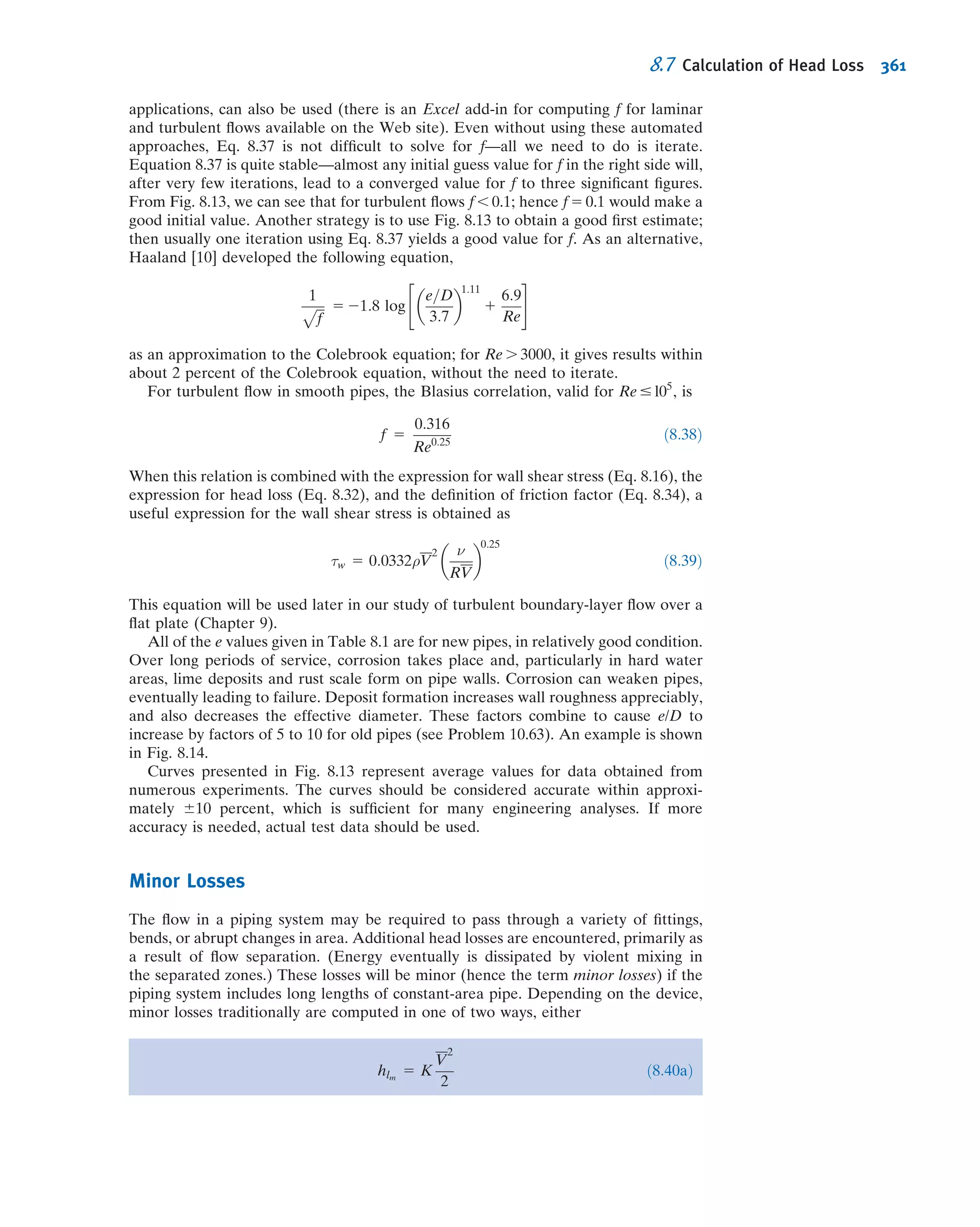 Furthermore, if
Remodel 5 Reprototype
then the value of the dependent parameter, F/ρV 2
D2
, in the functional relationship,
will be duplicated between model and prototype, i.e.,
F
ρV2D2
 
model
5
F
ρV2D2
 
prototype
and the results determined from the model study can be used to predict the drag on
the full-scale prototype.
The actual force on the object caused by the ﬂuid is not the same for the model and
prototype, but the value of its dimensionless group is. The two tests can be run using
different ﬂuids, if desired, as long as the Reynolds numbers are matched. For
experimental convenience, test data can be measured in a wind tunnel in air and the
results used to predict drag in water, as illustrated in Example 7.4.
Example 7.4 SIMILARITY: DRAG OF A SONAR TRANSDUCER
The drag of a sonar transducer is to be predicted, based on wind tunnel test data. The prototype, a 1-ft diam-
eter sphere, is to be towed at 5 knots (nautical miles per hour) in seawater at 40
F. The model is 6 in. in diameter.
Determine the required test speed in air. If the drag of the model at these test conditions is 0.60 lbf, estimate the
drag of the prototype.
Given: Sonar transducer to be tested in a wind tunnel.
Find: (a) Vm.
(b) Fp.
Solution:
Since the prototype operates in water and the model test is to be performed in air, useful results can be expected only
if cavitation effects are absent in the prototype ﬂow and compressibility effects are absent from the model test.
Under these conditions,
F
ρV2D2
5 f
ρVD
μ
 
and the test should be run at
Remodel 5 Reprototype
to ensure dynamic similarity. For seawater at 40
F, ρ 5 1.99 slug/ft3
and ν % 1.69 3 1025
ft2
/s. At prototype
conditions,
Vp 5 5
nmi
hr
3 6080
ft
nmi
3
hr
3600 s
5 8:44 ft=s
Rep 5
VpDp
νp
5 8:44
ft
s
3 1 ft 3
s
1:69 3 1025
ft2
5 4:99 3 105
The model test conditions must duplicate this Reynolds number. Thus
Rem 5
VmDm
νm
5 4:99 3 105
Vp = 5 knots
Dp = 1 ft
Fp
Water at 40°F
Vm
Dm = 6 in.
Fm = 0.60 lbf
Air
7.6 Flow Similarity and Model Studies 307
 