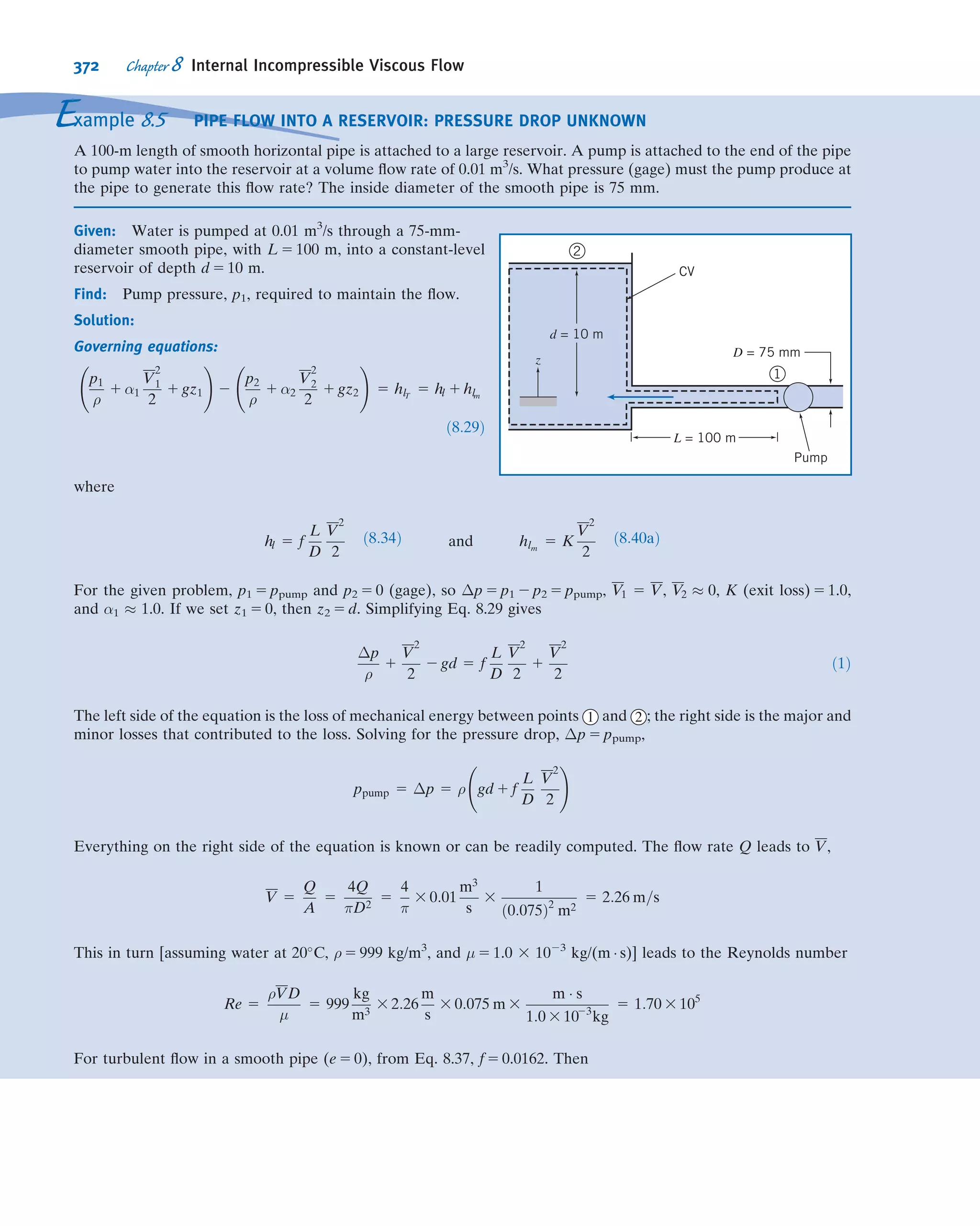 National Full-Scale Aerodynamics Complex, NASA, Ames Research Center,
Moffett Field, California.
Two wind tunnel test sections, powered by a 125,000 hp electric drive system:
 40 ft high and 80 ft wide (12 3 24 m) test section, maximum wind speed of
300 knots.
 80 ft high and 120 ft wide (24 3 36 m) test section, maximum wind speed of
137 knots.
 U.S. Navy, David Taylor Research Center, Carderock, Maryland.
 High-Speed Towing Basin 2968 ft long, 21 ft wide, and 16 ft deep. Towing carriage
can travel at up to 100 knots while measuring drag loads to 8000 lbf and side loads
to 2000 lbf.
 36 in. variable-pressure water tunnel with 50 knot maximum test speed at pres-
sures between 2 and 60 psia.
 Anechoic Flow Facility with quiet, low-turbulence air ﬂow in 8 ft square by 21 ft-
long open-jet test section. Flow noise at maximum speed of 200 ft/s is less than
that of conversational speech.
 U.S. Army Corps of Engineers, Sausalito, California.
 San Francisco Bay and Delta Model with slightly more than 1 acre in area, 1:1000
horizontal scale and 1:100 vertical scale, 13,500 gpm of pumping capacity, use of
fresh and salt water, and tide simulation.
 NASA, Langley Research Center, Hampton, Virginia.
 National Transonic Facility (NTF) with cryogenic technology (temperatures as
low as 2300
F) to reduce gas viscosity, raising Reynolds number by a factor of 6,
while halving drive power.
7.7 Summary and Useful Equations
In this chapter we have:
ü Obtained dimensionless coefﬁcients by nondimensionalizing the governing differential equations of a problem.
ü Stated the Buckingham Pi theorem and used it to determine the independent and dependent dimensionless parameters from the
physical parameters of a problem.
ü Deﬁned a number of important dimensionless groups: the Reynolds number, Euler number, cavitation number, Froude number,
Weber number, and Mach number, and discussed their physical signiﬁcance.
We have also explored some ideas behind modeling: geometric, kinematic, and dynamic similarity, incomplete
modeling, and predicting prototype results from model tests.
Note: Most of the Useful Equations in the table below have a number of constraints or limitations—be sure to refer
to their page numbers for details!
Useful Equations
Reynolds number (inertia to viscous):
Re 5
ρVL
μ
5
VL
ν
(7.11) Page 304
Euler number (pressure to inertia):
Eu 5
Δp
1
2
ρV2
(7.12) Page 304
Cavitation number: Ca 5
p 2 pv
1
2
ρV2
(7.13) Page 304
318 Chapter 7 Dimensional Analysis and Similitude
 