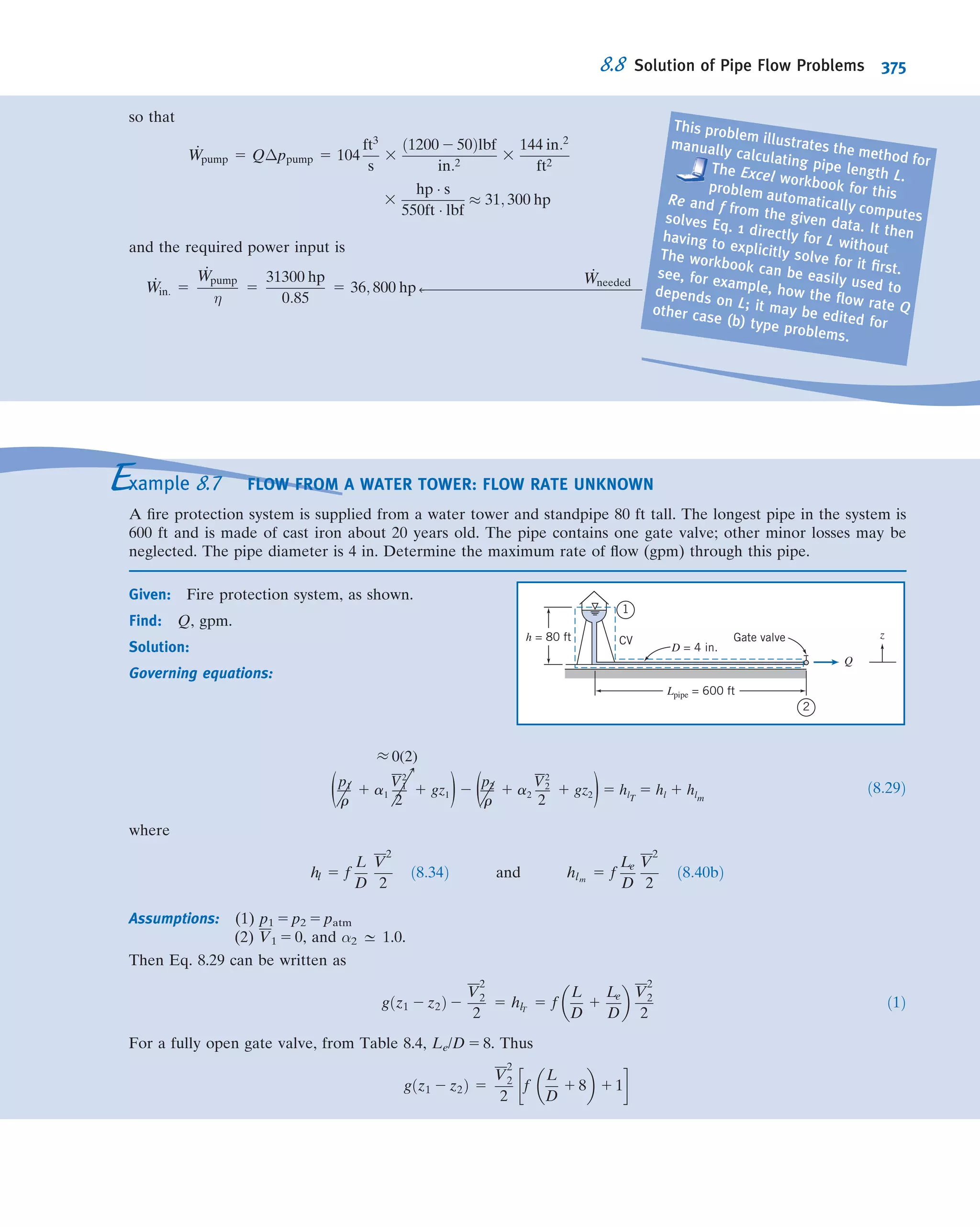 boundary-layer equations. For steady, incompressible, and
two-dimensional ﬂow, neglecting gravity, the result is
@u
@x
1
@v
@y
5 0
u
@u
@x
1 v
@u
@y
5 2
1
ρ
@p
@x
1 ν
@2
u
@y2
Use L and V0 as characteristic length and velocity, respec-
tively. Nondimensionalize these equations and identify the
similarity parameters that result.
7.8 An unsteady, two-dimensional, compressible, inviscid
ﬂow can be described by the equation
@2
ψ
@t2
1
@
@t
ðu2
1 v2
Þ 1 ðu2
2 c2
Þ
@2
ψ
@x2
1 ðv2
2 c2
Þ
@2
ψ
@y2
1 2uv
@2
ψ
@x@y
5 0
where ψ is the stream function, u and v are the x and y
components of velocity, respectively, c is the local speed of
sound, and t is the time. Using L as a characteristic length
and c0 (the speed of sound at the stagnation point) to non-
dimensionalize this equation, obtain the dimensionless
groups that characterize the equation.
7.9 The equation describing motion of ﬂuid in a pipe due to an
applied pressure gradient, when the ﬂow starts from rest, is
@u
@t
5 2
1
ρ
@p
@x
1 ν
@2
u
@r2
1
1
r
@u
@r
 
Use the average velocity V, pressure drop Δp, pipe length L,
and diameter D to nondimensionalize this equation. Obtain
the dimensionless groups that characterize this ﬂow.
Determining the Π Groups
7.10 Experiments show that the pressure drop for ﬂow
through an oriﬁce plate of diameter d mounted in a length of
pipe of diameter D may be expressed as Δp 5 p1 2 p2 5
fðρ, μ, V, d, DÞ. You are asked to organize some experi-
mental data. Obtain the resulting dimensionless parameters.
7.11 At relatively high speeds the drag on an object is inde-
pendent of ﬂuid viscosity. Thus the aerodynamic drag force,
F, on an automobile, is a function only of speed, V, air
density ρ, and vehicle size, characterized by its frontal area
A. Use dimensional analysis to determine how the drag force
F depends on the speed V.
7.12 At very low speeds, the drag on an object is independent
of ﬂuid density. Thus the drag force, F, on a small sphere is a
function only of speed, V, ﬂuid viscosity, μ, and sphere
diameter, D. Use dimensional analysis to determine how the
drag force F depends on the speed V.
7.13 The drag force on the International Space Station
depends on the mean free path of the molecules λ (a length),
the density ρ, a characteristic length L, and the mean speed
of the air molecules c. Find a nondimensional form of this
functional relationship.
7.14 We saw in Chapter 3 that the buoyant force, FB, on a body
submerged in a ﬂuid is directly proportional to the speciﬁc
weight of the ﬂuid, γ. Demonstrate this using dimensional
analysis, by starting with the buoyant force as a function of the
volume of the body and the speciﬁc weight of the ﬂuid.
7.15 When an object travels at supersonic speeds, the aero-
dynamic drag force F acting on the object is a function of the
velocity V, air density ρ, object size (characterized by some
reference area A), and the speed of sound c (note that all of
the variables except c were considered when traveling at
subsonic speeds as in Problem 7.11). Develop a functional
relationship between a set of dimensionless variables to
describe this problem.
7.16 The speed, V, of a free-surface wave in shallow liquid is
a function of depth, D, density, ρ, gravity, g, and surface
tension, σ. Use dimensional analysis to ﬁnd the functional
dependence of V on the other variables. Express V in the
simplest form possible.
7.17 The wall shear stress, τw, in a boundary layer depends on
distance from the leading edge of the body, x, the density, ρ,
and viscosity, μ, of the ﬂuid, and the freestream speed of
the ﬂow, U. Obtain the dimensionless groups and express the
functional relationship among them.
7.18 The boundary-layer thickness, δ, on a smooth ﬂat plate
in an incompressible ﬂow without pressure gradients
depends on the freestream speed, U, the ﬂuid density, ρ, the
ﬂuid viscosity, μ, and the distance from the leading edge of
the plate, x. Express these variables in dimensionless form.
7.19 If an object is light enough it can be supported on the
surface of a ﬂuid by surface tension. Tests are to be done to
investigate this phenomenon. The weight, W, supportable in
this way depends on the object’s perimeter, p, and the ﬂuid’s
density, ρ, surface tension σ, and gravity, g. Determine the
dimensionless parameters that characterize this problem.
7.20 The speed, V, of a free-surface gravity wave in deep
water is a function of wavelength, λ, depth, D, density, ρ, and
acceleration of gravity, g. Use dimensional analysis to ﬁnd
the functional dependence of V on the other variables.
Express V in the simplest form possible.
7.21 The mean velocity, u, for turbulent ﬂow in a pipe or a
boundary layer may be correlated using the wall shear stress,
τw, distance from the wall, y, and the ﬂuid properties, ρ and μ.
Use dimensional analysis to ﬁnd one dimensionless parameter
containing u and one containing y that are suitable for orga-
nizing experimental data. Show that the result may be written
u
u*
5 f
yu*
ν
 
where u* 5 (τw/ρ)1/2
is the friction velocity.
7.22 The energy released during an explosion, E, is a func-
tion of the time after detonation t, the blast radius R at time
t, and the ambient air pressure p, and density ρ. Determine,
by dimensional analysis, the general form of the expression
for E in terms of the other variables.
7.23 Capillary waves are formed on a liquid free surface as a
result of surface tension. They have short wavelengths. The
speed of a capillary wave depends on surface tension, σ,
wavelength, λ, and liquid density, ρ. Use dimensional anal-
ysis to express wave speed as a function of these variables.
Problems 321
 
