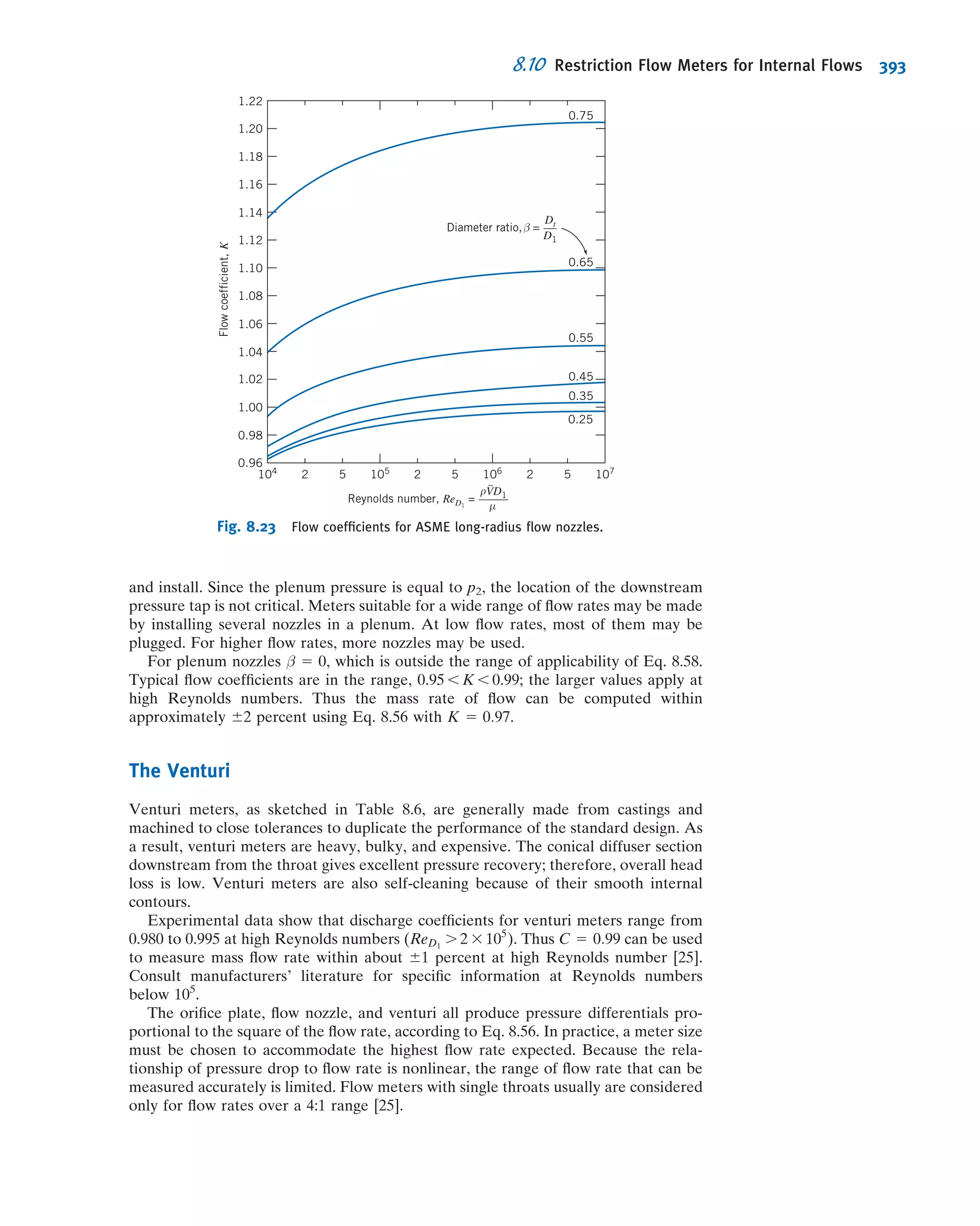 Since only the boundary conditions have changed, there is no need to repeat the entire
analysis of the previous section. The analysis leading to Eq. 8.4 is equally valid for the
moving plate case. Thus the velocity distribution is given by
u 5
1
2μ
@p
@x
 
y2
1
c1
μ
y 1 c2 ð8:4Þ
and our only task is to evaluate constants c1 and c2 by using the appropriate boundary
conditions. [Note once again that using the full NavierÀStokes equations (Eqs. 5.27)
would have led very quickly to Eq. 8.4.]
At y 5 0; u 5 0: Consequently; c2 5 0:
At y 5 a; u 5 U: Consequently;
U 5
1
2μ
@p
@x
 
a2
1
c1
μ
a and thus c1 5
Uμ
a
2
1
2
@p
@x
 
a
Hence,
u 5
1
2μ

@p
@x

y2
1
Uy
a
2
1
2μ

@p
@x

ay 5
Uy
a
1
1
2μ

@p
@x

ðy2
2 ayÞ
u 5
Uy
a
1
a2
2μ
@p
@x
 
y
a
 
2
2
y
a
 h i
ð8:8Þ
It is reassuring to note that Eq. 8.8 reduces to Eq. 8.5 for a stationary upper plate (set
U 5 0). From Eq. 8.8, for zero pressure gradient (for @p=@x 5 0) the velocity varies
linearly with y. This was the case treated earlier in Chapter 2; this linear proﬁle is
called a Couette ﬂow, after a 19th-century physicist.
We can obtain additional information about the ﬂow from the velocity distribution
of Eq. 8.8.
Shear Stress Distribution
The shear stress distribution is given by τyx 5 μðdu=dyÞ,
τyx 5 μ
U
a
1
a2
2
@p
@x
 
2y
a2
2
1
a
 
5 μ
U
a
1 a
@p
@x
 
y
a
2
1
2
 
ð8:9aÞ
Volume Flow Rate
The volume ﬂow rate is given by Q 5
R
A
~V Á d ~A. For depth l in the z direction
Q 5
Z a
0
ul dy or
Q
l
5
Z a
0
Uy
a
1
1
2μ
@p
@x
 
ðy2
2 ayÞ
 
dy
Fluid
in gap
Bearing
Bearing
Journal
Fig. 8.5 Journal bearing approximated as
parallel plates.
8.2 Fully Developed Laminar Flow Between Inﬁnite Parallel Plates 339
 