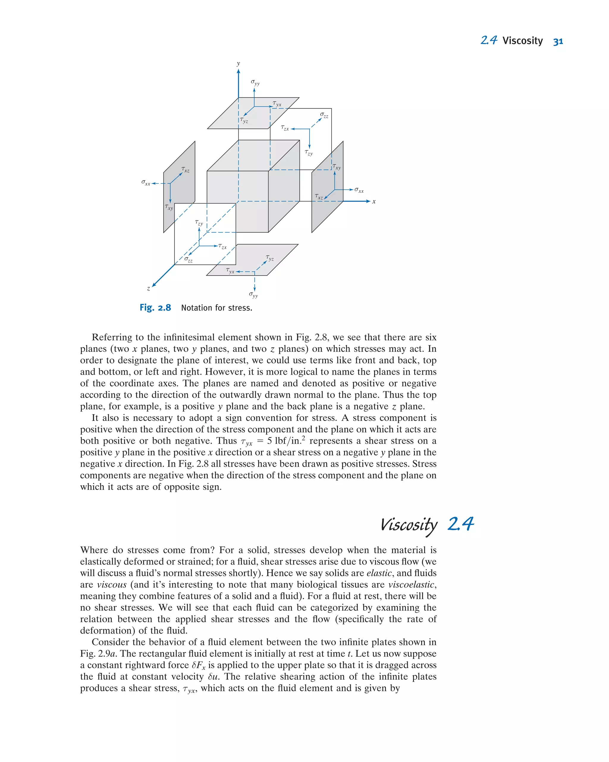Referring to the inﬁnitesimal element shown in Fig. 2.8, we see that there are six
planes (two x planes, two y planes, and two z planes) on which stresses may act. In
order to designate the plane of interest, we could use terms like front and back, top
and bottom, or left and right. However, it is more logical to name the planes in terms
of the coordinate axes. The planes are named and denoted as positive or negative
according to the direction of the outwardly drawn normal to the plane. Thus the top
plane, for example, is a positive y plane and the back plane is a negative z plane.
It also is necessary to adopt a sign convention for stress. A stress component is
positive when the direction of the stress component and the plane on which it acts are
both positive or both negative. Thus τyx 5 5 lbf=in:2
represents a shear stress on a
positive y plane in the positive x direction or a shear stress on a negative y plane in the
negative x direction. In Fig. 2.8 all stresses have been drawn as positive stresses. Stress
components are negative when the direction of the stress component and the plane on
which it acts are of opposite sign.
2.4Viscosity
Where do stresses come from? For a solid, stresses develop when the material is
elastically deformed or strained; for a ﬂuid, shear stresses arise due to viscous ﬂow (we
will discuss a ﬂuid’s normal stresses shortly). Hence we say solids are elastic, and ﬂuids
are viscous (and it’s interesting to note that many biological tissues are viscoelastic,
meaning they combine features of a solid and a ﬂuid). For a ﬂuid at rest, there will be
no shear stresses. We will see that each ﬂuid can be categorized by examining the
relation between the applied shear stresses and the ﬂow (speciﬁcally the rate of
deformation) of the ﬂuid.
Consider the behavior of a ﬂuid element between the two inﬁnite plates shown in
Fig. 2.9a. The rectangular ﬂuid element is initially at rest at time t. Let us now suppose
a constant rightward force δFx is applied to the upper plate so that it is dragged across
the ﬂuid at constant velocity δu. The relative shearing action of the inﬁnite plates
produces a shear stress, τyx, which acts on the ﬂuid element and is given by
σyy
τyx
τyz
τzy
τzx
σzz
τxy
σxx
τxz
σyy
τyx
τyz
x
z
y
τzy
τzx
σzz
τxy
σxx
τxz
Fig. 2.8 Notation for stress.
2.4 Viscosity 31
 
