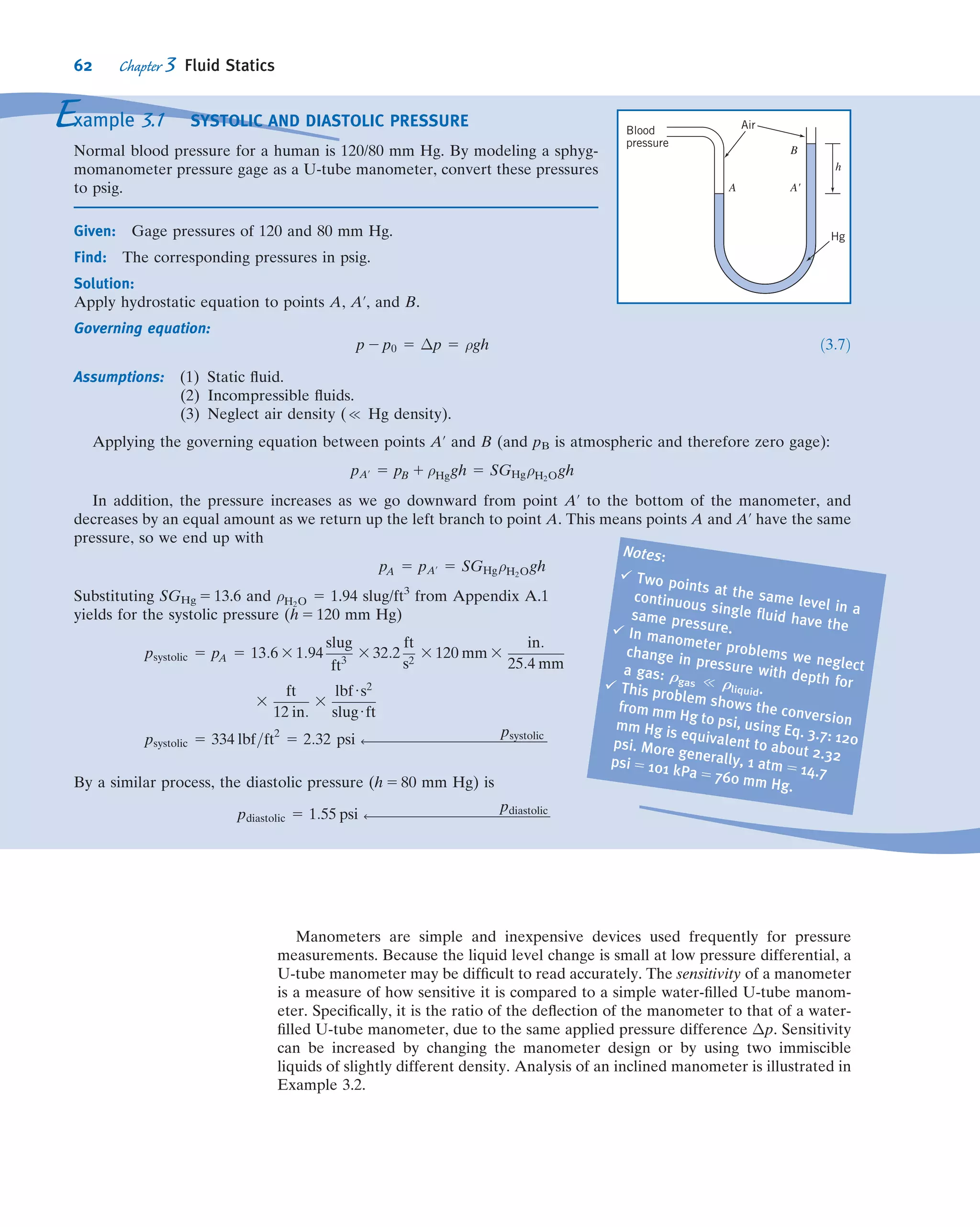 passes through the initial point (x0, y0) 5 (1, 1), during the
interval from t 5 0 to t 5 3 s. Compare with the streamline
plotted through the same point at the instants t 5 0, 1, and
2 s.
2.30 Consider the ﬂow ﬁeld ~V ¼ axt^i þ b^j, where a 5 1/4 s22
and b 5 1/3 m/s. Coordinates are measured in meters. For the
particle that passes through the point (x, y) 5 (1, 2) at
the instant t 5 0, plot the pathline during the time interval
from t 5 0 to 3 s. Compare this pathline with the streakline
through the same point at the instant t 5 3 s.
2.31 A ﬂow is described by velocity ﬁeld ~V 5 ay2^i 1 b^j,
where a 5 1 m21
s21
and b 5 2 m/s. Coordinates are mea-
sured in meters. Obtain the equation for the streamline
passing through point (6, 6). At t 5 1 s, what are the coor-
dinates of the particle that passed through point (1, 4) at
t 5 0? At t 5 3 s, what are the coordinates of the particle that
passed through point (23, 0) 2 s earlier? Show that pathlines,
streamlines, and streaklines for this ﬂow coincide.
2.32 Tiny hydrogen bubbles are being used as tracers to
visualize a ﬂow. All the bubbles are generated at the origin
(x 5 0, y 5 0). The velocity ﬁeld is unsteady and obeys the
equations:
u 5 1 m=s v 5 2 m=s 0 # t , 2 s
u 5 0 v 5 21 m=s 0 # t # 4 s
Plot the pathlines of bubbles that leave the origin at t 5 0, 1,
2, 3, and 4 s. Mark the locations of these ﬁve bubbles at t 5 4
s. Use a dashed line to indicate the position of a streakline at
t 5 4 s.
2.33 A ﬂow is described by velocity ﬁeld ~V ¼ ax^i þ b^j, where
a 5 1/5 s21
and b 5 1 m/s. Coordinates are measured in
meters. Obtain the equation for the streamline passing
through point (1, 1). At t 5 5 s, what are the coordinates of
the particle that initially (at t 5 0) passed through point
(1, 1)? What are its coordinates at t 5 10 s? Plot the
streamline and the initial, 5 s, and 10 s positions of the par-
ticle. What conclusions can you draw about the pathline,
streamline, and streakline for this ﬂow?
2.34 A ﬂow is described by velocity ﬁeld ~V 5 a^i 1 bx^j, where
a 5 2 m/s and b 5 1 s21
. Coordinates are measured in meters.
Obtain the equation for the streamline passing through point
(2, 5). At t 5 2 s, what are the coordinates of the particle that
passed through point (0, 4) at t 5 0? At t 5 3 s, what are the
coordinates of the particle that passed through point (1, 4.25)
2 s earlier? What conclusions can you draw about the path-
line, streamline, and streakline for this ﬂow?
2.35 A ﬂow is described by velocity ﬁeld ~V ¼ ay^i þ bt^j,
where a 5 0.2 s21
and b 5 0.4 m/s2
. At t 5 2 s, what are the
coordinates of the particle that passed through point (1, 2) at
t 5 0? At t 5 3 s, what are the coordinates of the particle that
passed through point (1, 2) at t 5 2 s? Plot the pathline and
streakline through point (1, 2), and plot the streamlines
through the same point at the instants t 5 0, 1, 2, and 3 s.
2.36 A ﬂow is described by velocity ﬁeld ~V 5 at^i 1 b^j,
where a 5 0.4 m/s2
and b 5 2 m/s. At t 5 2 s, what are the
coordinates of the particle that passed through point (2, 1)
at t 5 0? At t 5 3 s, what are the coordinates of the particle
that passed through point (2, 1) at t 5 2 s? Plot the pathline
and streakline through point (2, 1) and compare with the
streamlines through the same point at the instants t 5 0, 1,
and 2 s.
Viscosity
2.37 The variation with temperature of the viscosity of air is
represented well by the empirical Sutherland correlation
μ ¼
bT1=2
1 þ S=T
Best-ﬁt values of b and S are given in Appendix A. Develop
an equation in SI units for kinematic viscosity versus tem-
perature for air at atmospheric pressure. Assume ideal gas
behavior. Check by using the equation to compute the
kinematic viscosity of air at 0
C and at 100
C and comparing
to the data in Appendix 10 (Table A.10); plot the kinematic
viscosity for a temperature range of 0
C to 100
C, using the
equation and the data in Table A.10.
2.38 The variation with temperature of the viscosity of air is
correlated well by the empirical Sutherland equation
μ 5
bT1=2
1 1 S=T
Best-ﬁt values of b and S are given in Appendix A for use
with SI units. Use these values to develop an equation for
calculating air viscosity in British Gravitational units as a
function of absolute temperature in degrees Rankine. Check
your result using data from Appendix A.
2.39 Some experimental data for the viscosity of helium at
1 atm are
T, 
C 0 100 200 300 400
μ, N Á s/m2
(3 105
) 1.86 2.31 2.72 3.11 3.46
Using the approach described in Appendix A.3, correlate
these data to the empirical Sutherland equation
μ 5
bT1=2
1 1 S=T
(where T is in kelvin) and obtain values for constants b and S.
2.40 The velocity distribution for laminar ﬂow between
parallel plates is given by
u
umax
5 1 2
2y
h
 2
where h is the distance separating the plates and the origin is
placed midway between the plates. Consider a ﬂow of water
at 15
C, with umax 5 0.10 m/s and h 5 0.1 mm. Calculate the
shear stress on the upper plate and give its direction. Sketch
the variation of shear stress across the channel.
2.41 The velocity distribution for laminar ﬂow between
parallel plates is given by
u
umax
5 1 2
2y
h
 2
where h is the distance separating the plates and the origin is
placed midway between the plates. Consider a ﬂow of water
at 15
C with maximum speed of 0.05 m/s and h 5 0.1 mm.
48 Chapter 2 Fundamental Concepts
 