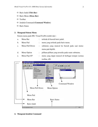 Modul Visual FoxPro 6.0- AMIK Bina Sarana Informatika 3
Baris Judul (Title Bar)
Baris Menu (Menu Bar)
Toolbar
Jendela Command (Command Window)
Baris Status
3. Mengenal Sistem Menu
Sistem menu pada MS. Visual FoxPro terdiri dari :
a. Menu Bar : terletak di bawah baris judul.
b. Menu Pad : menu yang terletak pada baris menu.
c. Menu Pull Down : submenu yang muncul ke bawah pada saat menu-
menu pad dipilih.
d. Menu Option : pilihan-pilihan yang tersedia pada suatu submenu.
e. Menu Pop UP : menu yang dapat muncul di berbagai tempat (semua
toolbar, dll)
4. Mengenal Jendela Command
Baris Judul
Menu Bar
Menu Pad
Menu Pull Down Menu Option
Command Window
Baris Status
 