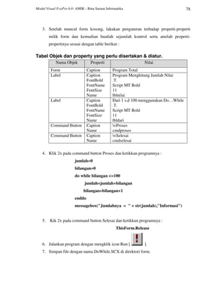 Modul Visual FoxPro 6.0- AMIK - Bina Sarana Informatika 78
3. Setelah muncul form kosong, lakukan pengaturan terhadap properti-properti
milik form dan kemudian buatlah sejumlah kontrol serta aturlah properti-
propertinya sesuai dengan table berikut :
Tabel Objek dan property yang perlu disertakan & diatur.
Nama Objek Properti Nilai
Form Caption Program Total
Label Caption
FontBold
FontName
FontSize
Name
Program Menghitung Jumlah Nilai
.T.
Script MT Bold
11
lblnilai
Label Caption
FontBold
FontName
FontSize
Name
Dari 1 s.d 100 menggunakan Do…While
.T.
Script MT Bold
11
lbldari
Command Button Caption
Name
<Proses
cmdproses
Command Button Caption
Name
<Selesai
cmdselesai
4. Klik 2x pada command button Proses dan ketikkan programnya :
jumlah=0
bilangan=0
do while bilangan <=100
jumlah=jumlah+bilangan
bilangan=bilangan+1
enddo
messagebox("Jumlahnya = " + str(jumlah),"Informasi")
5. Kik 2x pada command button Selesai dan ketikkan programnya :
ThisForm.Release
6. Jalankan program dengan mengklik icon Run [ ].
7. Simpan file dengan nama DoWhile.SCX di direktori form.
 