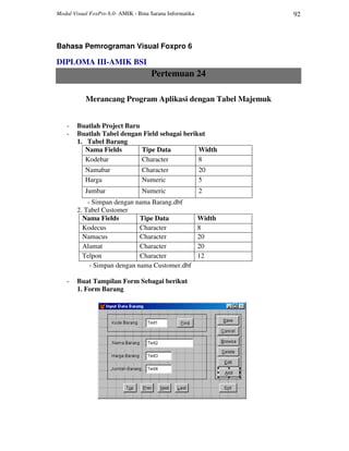 Modul Visual FoxPro 6.0- AMIK - Bina Sarana Informatika 92
Bahasa Pemrograman Visual Foxpro 6
DIPLOMA III-AMIK BSI
Pertemuan 24
Merancang Program Aplikasi dengan Tabel Majemuk
- Buatlah Project Baru
- Buatlah Tabel dengan Field sebagai berikut
1. Tabel Barang
Nama Fields Tipe Data Width
Kodebar Character 8
Namabar Character 20
Harga Numeric 5
Jumbar Numeric 2
- Simpan dengan nama Barang.dbf
2. Tabel Customer
Nama Fields Tipe Data Width
Kodecus Character 8
Namacus Character 20
Alamat Character 20
Telpon Character 12
- Simpan dengan nama Customer.dbf
- Buat Tampilan Form Sebagai berikut
1. Form Barang
 