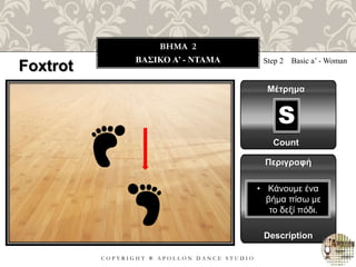C O P Y R I G H T ® A P O L L O N D A N C E S T U D I O
BHMA 2
ΒΑΣΙΚΟ A’ - ΝΤΑΜΑ Step 2 Basic a’ - Woman
Μέτρημα
S
Περιγραφή
Description
• Κάνουμε ένα
βήμα πίσω με
το δεξί πόδι.
Count
Foxtrot
 