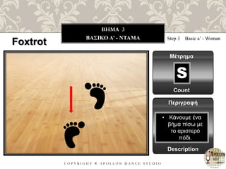 C O P Y R I G H T ® A P O L L O N D A N C E S T U D I O
BHMA 3
ΒΑΣΙΚΟ A’ - NTAMA Step 3 Basic a’ - Woman
Μέτρημα
Περιγραφή
Description
• Κάνουμε ένα
βήμα πίσω με
το αριστερό
πόδι.
Count
S
Foxtrot
 