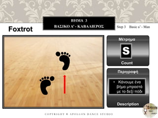 C O P Y R I G H T ® A P O L L O N D A N C E S T U D I O
BHMA 3
ΒΑΣΙΚΟ A’ - ΚΑΒΑΛΙΕΡΟΣ Step 3 Basic a’ - Man
Μέτρημα
Περιγραφή
Description
• Κάνουμε ένα
βήμα μπροστά
με το δεξί πόδι
Count
S
Foxtrot
 
