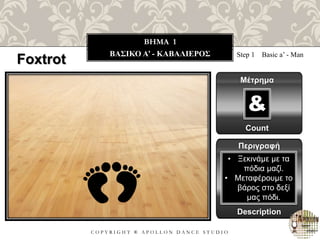 C O P Y R I G H T ® A P O L L O N D A N C E S T U D I O
BHMA 1
ΒΑΣΙΚΟ A’ - ΚΑΒΑΛΙΕΡΟΣ
Foxtrot Step 1 Basic a’ - Man
Μέτρημα
Count
&
Περιγραφή
Description
• Ξεκινάμε με τα
πόδια μαζί.
• Μεταφέρουμε το
βάρος στο δεξί
μας πόδι.
 