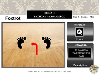 C O P Y R I G H T ® A P O L L O N D A N C E S T U D I O
BHMA 4
ΒΑΣΙΚΟ A’ - ΚΑΒΑΛΙΕΡΟΣ Step 4 Basic a’ - Man
Μέτρημα
Περιγραφή
Description
• Το αριστερό
πόδι πατάει στο
πλάι
Count
Q
Foxtrot
 