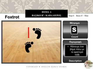C O P Y R I G H T ® A P O L L O N D A N C E S T U D I O
BHMA 6
ΒΑΣΙΚΟ B’ - ΚΑΒΑΛΙΕΡΟΣ Step 6 Basic b’ - Man
Μέτρημα
Περιγραφή
Description
• Κάνουμε ένα
βήμα πίσω με
το αριστερό
πόδι
Count
S
Foxtrot
 