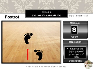 C O P Y R I G H T ® A P O L L O N D A N C E S T U D I O
BHMA 2
ΒΑΣΙΚΟ B’ - ΚΑΒΑΛΙΕΡΟΣ Step 2 Basic b’ - Man
Μέτρημα
S
Περιγραφή
Description
• Κάνουμε ένα
βήμα μπροστά
με το αριστερό
πόδι
Count
Foxtrot
 
