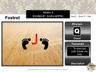 C O P Y R I G H T ® A P O L L O N D A N C E S T U D I O
BHMA 8
ΒΑΣΙΚΟ B’ - ΚΑΒΑΛΙΕΡΟΣ Step 8 Basic b’ - Man
Μέτρημα
Περιγραφή
Description
• Το αριστερό
πόδι πατάει στο
πλάι
Count
Q
Foxtrot
 