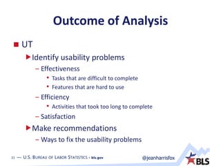 31 — U.S. BUREAU OF LABOR STATISTICS • bls.gov @jeanharrisfox31 — U.S. BUREAU OF LABOR STATISTICS • bls.gov
Outcome of Analysis
 UT
Identify usability problems
– Effectiveness
• Tasks that are difficult to complete
• Features that are hard to use
– Efficiency
• Activities that took too long to complete
– Satisfaction
Make recommendations
– Ways to fix the usability problems
 