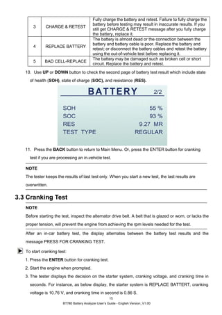 BT780 Battery Analyzer User’s Guide - English Version_V1.00
15
3 CHARGE & RETEST
Fully charge the battery and retest. Failure to fully charge the
battery before testing may result in inaccurate results. If you
still get CHARGE & RETEST message after you fully charge
the battery, replace it.
4 REPLACE BATTERY
The battery is almost dead or the connection between the
battery and battery cable is poor. Replace the battery and
retest; or disconnect the battery cables and retest the battery
using the out-of-vehicle test before replacing it.
5 BAD CELL-REPLACE
The battery may be damaged such as broken cell or short
circuit. Replace the battery and retest.
10. Use UP or DOWN button to check the second page of battery test result which include state
of health (SOH), state of charge (SOC), and resistance (RES).
11. Press the BACK button to return to Main Menu. Or, press the ENTER button for cranking
test if you are processing an in-vehicle test.
NOTE
The tester keeps the results of last test only. When you start a new test, the last results are
overwritten.
3.3 Cranking Test
NOTE
Before starting the test, inspect the alternator drive belt. A belt that is glazed or worn, or lacks the
proper tension, will prevent the engine from achieving the rpm levels needed for the test.
After an in-car battery test, the display alternates between the battery test results and the
message PRESS FOR CRANKING TEST.
To start cranking test:
1. Press the ENTER button for cranking test.
2. Start the engine when prompted.
3. The tester displays the decision on the starter system, cranking voltage, and cranking time in
seconds. For instance, as below display, the starter system is REPLACE BATTERT, cranking
voltage is 10.76 V, and cranking time in second is 0.86 S.
 