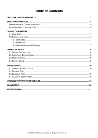 BT780 Battery Analyzer User’s Guide - English Version_V1.00
6
Table of Contents
ONE-YEAR LIMITED WARRANTY.................................................................................................................... 2
SAFETY INFORMATION......................................................................................................................................5
SAFETY MESSAGE CONVENTIONS USED............................................................................................................5
IMPORTANT SAFETY INSTRUCTIONS....................................................................................................................5
1 USING THIS MANUAL...................................................................................................................................... 7
1.1 BOLD TEXT.................................................................................................................................................... 7
1.2 SYMBOLS AND ICONS....................................................................................................................................7
1.2.1 Solid Spot.............................................................................................................................................7
1.2.2 Arrow Icon............................................................................................................................................7
1.2.3 Note and Important Message........................................................................................................... 7
2 INTRODUCTIONS.............................................................................................................................................. 8
2.1 TESTER DESCRIPTIONS.................................................................................................................................8
2.2 ACCESSORY DESCRIPTIONS.........................................................................................................................9
2.3 SPECIFICATIONS............................................................................................................................................ 9
2.4 Current Clamp...............................................................................................................................9
3 OPERATIONS...................................................................................................................................................10
3.1 CONNECTING THE TESTER.........................................................................................................................10
3.2 BATTERY TEST............................................................................................................................................11
3.3 CRANKING TEST..........................................................................................................................................15
3.4 CHARGING SYSTE M TEST..........................................................................................................................16
4 VIEWING/PRINTING TEST RESULTS.........................................................................................................18
5 LANGUAGE.......................................................................................................................................................20
6 VERSION INFO.................................................................................................................................................21
 