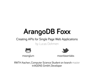 RWTH Aachen, Computer Science Student on branch master
triAGENS GmbH, Developer
moonglum moonbeamlabs
by Lucas Dohmen
Create APIs on your database
ArangoDB Foxx
 