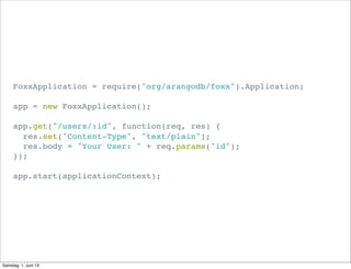 FoxxApplication = require("org/arangodb/foxx").Application;
app = new FoxxApplication();
app.get("/users/:id", function(re...