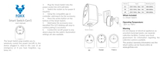 Smart Switch Gen5
user manual
The Smart Switch plug enables you to
wirelessly control the power (on/off) to the
device plugged in, ideal in the case of an
emergency or if you have forgotten, e.g.
lamp, etc.
1.	 Plug the Smart Switch into the
power socket the LED will blink.
2.	 Switch the socket on for power if
required.
3.	 Using the compatible app or
controller, add/search for the accessory.
4.	 Press the action button on the
bottom of the Smart Switch.
5.	 Add/name the accessory once
identified The LED blinking will stop to
confirm pairing is successful.
6.	 Control the on/off power to any
device plug into the switch. Automation
settings are also available.
Whats Included:
1 x Smart Switch
Operating Temperature:
-20°c to +80°c
Warning
Do not dispose of electrical appliances as
unsorted municipal waste, use separate
collection facilities. Contact your local
government for information regarding the
collection systems available.
The product warranty information and the
return policy can be found online at
www.getfoxx.com
Action button
Europe Franc eUK
EU
FR
UK
868.42MHz230 V 50Hz , Max: 16A
868.42MHz230 V 50Hz , Max: 16A
868.42MHz230 V 50Hz , Max: 13A
Input Working bandVersion
 