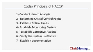 Codex Principals of HACCP
1- Conduct Hazard Analysis
2 - Determine Critical Control Points
3 - Establish Critical Limits
4- Establish Monitoring System
5 - Establish Corrective Actions
6 - Verify the system is effective
7 - Establish documentation
 