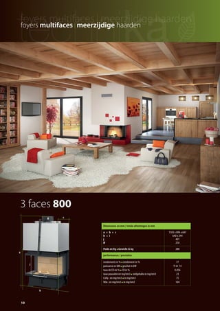 3 faces 800
h i
j
a
b
cØ
10
foyers multifaces I meerzijdige haarden
Dimensions en mm / totale afmetingen in mm
a x b x c
h x i
j
Ø
1503 x 894 x 647
640 x 344
401
250
Poids en Kg Gewicht in kg 280
performances / prestaties
rendement en % rendement in %
puissance en kW geschat in kW
taux de CO en % CO in %
taux poussière en mg/nm3 stofgehalte in mg/nm3
CxHy : en mg/nm3 in mg/nm3
NOx : en mg/nm3 in mg/nm3
77
9 13
0,056
23
75
104
catalog technika FR-NL 2015-03 17/03/15 11:45 Page10
 