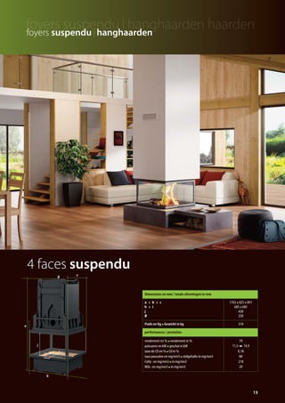 4 faces suspendu
h i
j
a
b
c
Ø
13
foyers suspendu I hanghaarden
Dimensions en mm / totale afmetingen in mm
a x b x c
h x i
j
Ø
1765 x 825 x 891
685 x 685
420
250
Poids en Kg Gewicht in kg 310
performances / prestaties
rendement en % rendement in %
puissance en kW geschat in kW
taux de CO en % CO in %
taux poussière en mg/nm3 stofgehalte in mg/nm3
CxHy : en mg/nm3 in mg/nm3
NOx : en mg/nm3 in mg/nm3
79
11,5 14,9
0,18
80
218
29
catalog technika FR-NL 2015-03 17/03/15 11:45 Page13
 