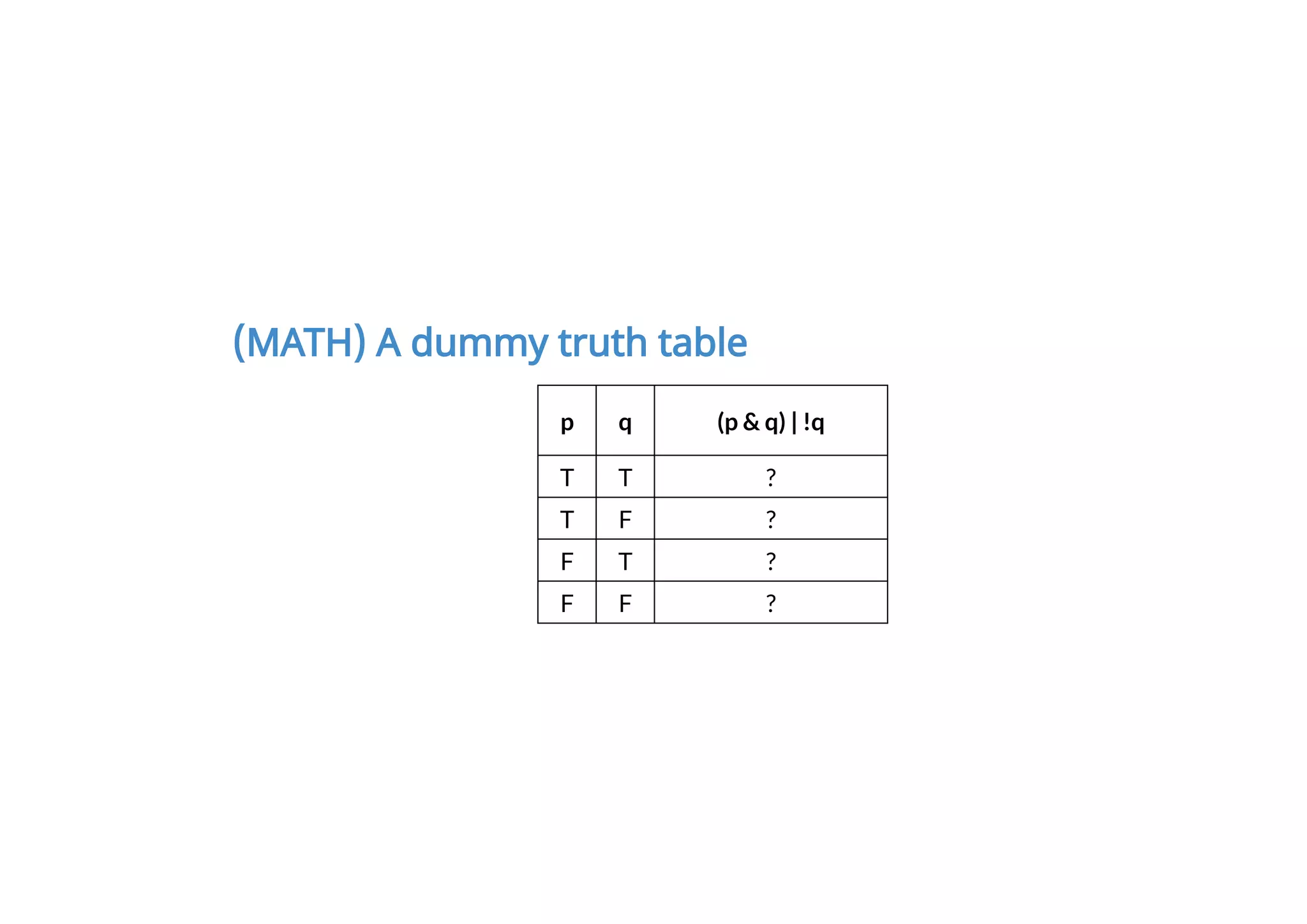 (MATH) A dummy truth table
p q (p & q) | !q
T T ?
T F ?
F T ?
F F ?
 