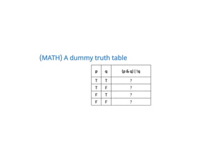 (MATH) A dummy truth table
p q (p & q) | !q
T T ?
T F ?
F T ?
F F ?
 