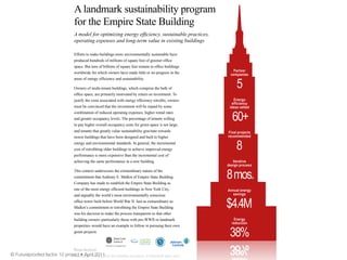 © Futureproofed factor 10 project • April 2011A landmark sustainability program for the Empire State Building 1
A landmark sustainability program
for the Empire State Building
A  model  for  optimizing  energy  efﬁciency,  sustainable  practices,  
operating  expenses  and  long-­term  value  in  existing  buildings
Efforts to make buildings more environmentally sustainable have
produced  hundreds  of  millions  of  square  feet  of  greener  ofﬁce  
space.  But  tens  of  billions  of  square  feet  remain  in  ofﬁce  buildings  
worldwide for which owners have made little or no progress in the
areas  of  energy  efﬁciency  and  sustainability.
Owners of multi-tenant buildings, which comprise the bulk of
ofﬁce  space,  are  primarily  motivated  by  return  on  investment.  To  
justify  the  costs  associated  with  energy  efﬁciency  retroﬁts,  owners  
must be convinced that the investment will be repaid by some
combination of reduced operating expenses, higher rental rates
and  greater  occupancy  levels.  The  percentage  of  tenants  willing  
to pay higher overall occupancy costs for green space is not large,
and tenants that greatly value sustainability gravitate towards
newer buildings that have been designed and built to higher
energy and environmental standards. In general, the incremental
cost  of  retroﬁtting  older  buildings  to  achieve  improved  energy  
perfromance is more expensive than the incremental cost of
achieving the same performance in a new building.
This  context  underscores  the  extraordinary  nature  of  the  
commitment that Anthony E. Malkin of Empire State Building
Company has made to establish the Empire State Building as
one  of  the  most  energy  efﬁcient  buildings  in  New  York  City,  
and arguably the world’s most environmentally conscious
ofﬁce  tower  built  before  World  War  II.  Just  as  extraordinary  as  
Malkin’s  commitment  to  retroﬁtting  the  Empire  State  Building  
was his decision to make the process transparent so that other
building  owners–particularly  those  with  pre-­WWII  or  landmark  
properties–would have an example to follow in pursuing their own
green projects.
Partner
companies
5
Energy-
efficiency
ideas vetted
60+
Final projects
recommended
8
Iterative
design process
8mos.
Annual energy
savings
$4.4M
Energy
reduction
38%
A landmark sustainability program
for the Empire State Building
30.000 ft
 