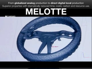 From globalized analog production to direct digital local production
Superior properties with dramatically reduced time, costs, carbon and resource use.
MELOTTE
 