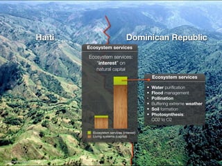 Haïti Dominican Republic
The climate project
Ecosystem services:
“interest” on
natural capital
Living systems (capital)
Ecosystem services (interest)
Ecosystem services
• Water puriﬁcation
• Flood management
• Pollination
• Buffering extreme weather
• Soil formation
• Photosynthesis:
CO2 to O2
Ecosystem services
 