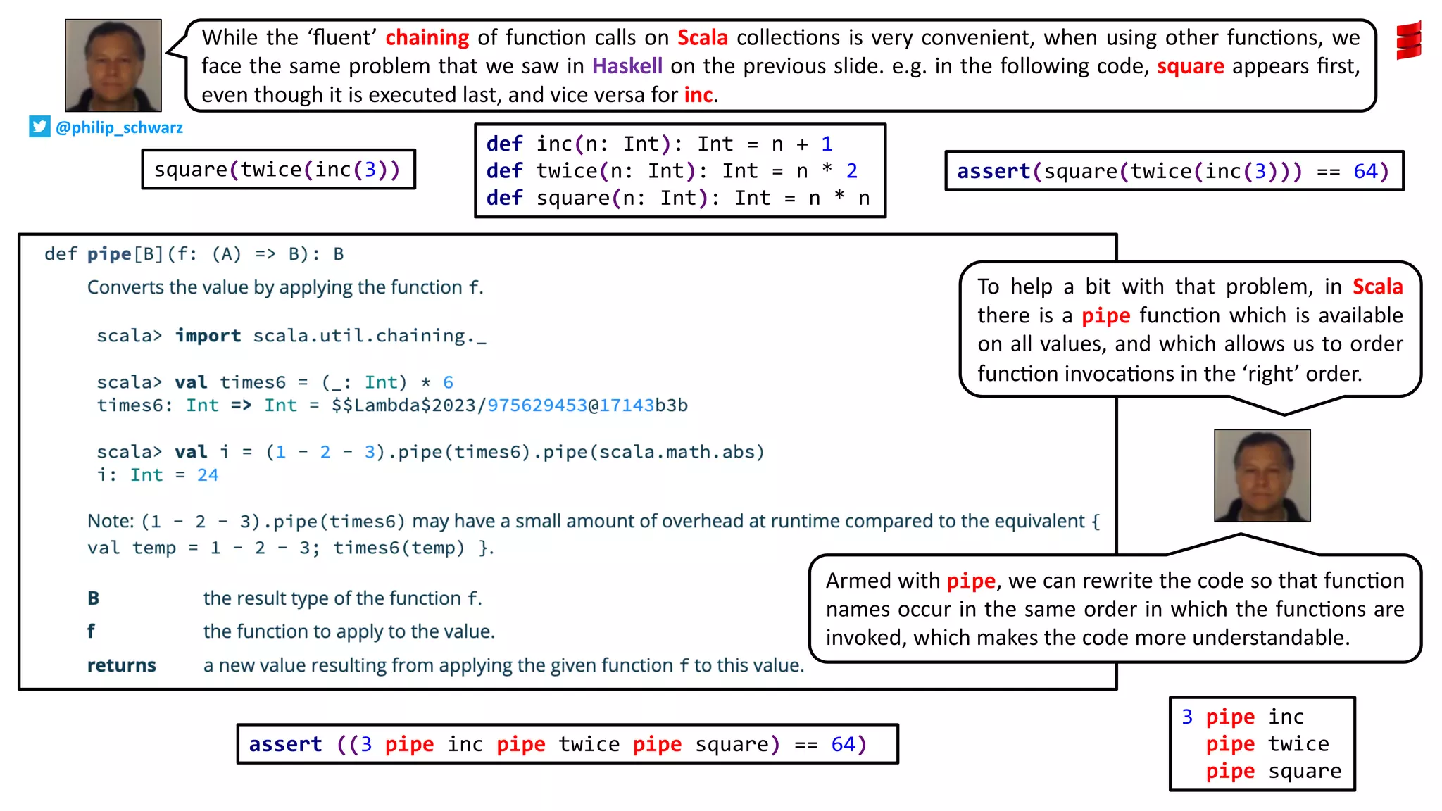 While the ‘ﬂuent’ chaining of funcAon calls on Scala collecAons is very convenient, when using other funcAons, we
face the same problem that we saw in Haskell on the previous slide. e.g. in the following code, square appears ﬁrst,
even though it is executed last, and vice versa for inc.
assert(square(twice(inc(3))) == 64)
assert ((3 pipe inc pipe twice pipe square) == 64)
To help a bit with that problem, in Scala
there is a pipe funcAon which is available
on all values, and which allows us to order
funcAon invocaAons in the ‘right’ order.
Armed with pipe, we can rewrite the code so that funcAon
names occur in the same order in which the funcAons are
invoked, which makes the code more understandable.
def inc(n: Int): Int = n + 1
def twice(n: Int): Int = n * 2
def square(n: Int): Int = n * n
3 pipe inc
pipe twice
pipe square
square(twice(inc(3))
@philip_schwarz
 