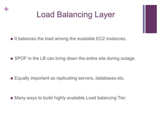+
Load Balancing Layer
 It balances the load among the available EC2 instances.
 SPOF in the LB can bring down the entire site during outage.
 Equally important as replicating servers, databases etc.
 Many ways to build highly available Load balancing Tier.
 