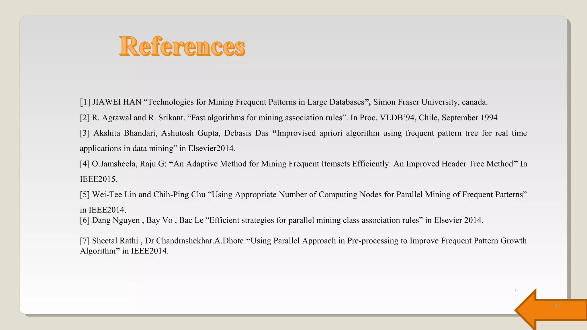 [1] JIAWEI HAN “Technologies for Mining Frequent Patterns in Large Databases”, Simon Fraser University, canada.
[2] R. Agrawal and R. Srikant. “Fast algorithms for mining association rules”. In Proc. VLDB’94, Chile, September 1994
[3] Akshita Bhandari, Ashutosh Gupta, Debasis Das “Improvised apriori algorithm using frequent pattern tree for real time
applications in data mining” in Elsevier2014.
[4] O.Jamsheela, Raju.G: “An Adaptive Method for Mining Frequent Itemsets Efficiently: An Improved Header Tree Method” In
IEEE2015.
[5] Wei-Tee Lin and Chih-Ping Chu “Using Appropriate Number of Computing Nodes for Parallel Mining of Frequent Patterns”
in IEEE2014.
[6] Dang Nguyen , Bay Vo , Bac Le “Efficient strategies for parallel mining class association rules” in Elsevier 2014.
[7] Sheetal Rathi , Dr.Chandrashekhar.A.Dhote “Using Parallel Approach in Pre-processing to Improve Frequent Pattern Growth
Algorithm” in IEEE2014.
17
 