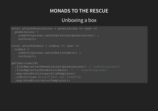MONADS TO THE RESCUE
Much like the Functor, the Monad has a utility method for applying
an operator function to its wrapped value
But unlike the Functors map() utility, it does not wrap the output
value in a new monad
Because it expects the value to be already wrapped in a monad
This utility function has many names: bind(), chain() and
flatMap()
 
