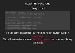 REVISITING FUNCTORS
nothing is useful
It's the same exact code, but nothing happens. Not even an
exception!
const getUser = userId => {
const user = repository.findUserById(userId);
return user ? something(user) : nothing();
}
// now we can write
// beautiful, idiomatic, declarative code
getUser(nonExistantId) // User is not found
.map(attachPermissions(permissions))
.map(attachOrders(orders))
.map(showProfile(profileTemplate));
 