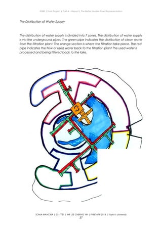 ENBE | Final Project | Part A – Report | The Better Livable Town Representation
The Distribution of Water Supply
The distribution of water supply is divided into 7 zones. The distribution of water supply
is via the underground pipes. The green pipe indicates the distribution of clean water
from the filtration plant. The orange section is where the filtration take place. The red
pipe indicates the flow of used water back to the filtration plant The used water is
processed and being filtered back to the lake.
SONIA MANCXIA | 0317751 | MR LEE CHERNG YIH | FNBE APR 2014 | Taylor’s University
37
 