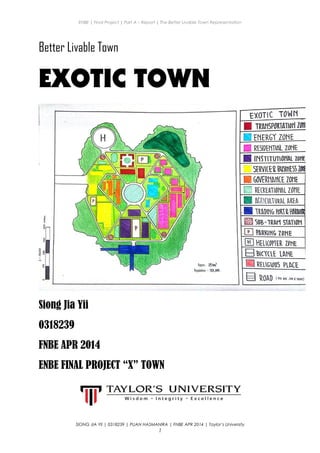 ENBE | Final Project | Part A – Report | The Better Livable Town Representation
Better Livable Town
EXOTIC TOWN
Siong Jia Yii
0318239
FNBE APR 2014
ENBE FINAL PROJECT “X” TOWN
SIONG JIA YII | 0318239 | PUAN HASMANIRA | FNBE APR 2014 | Taylor’s University
1
 
