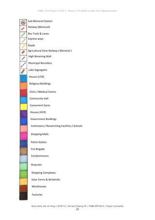 ENBE | Final Project | Part A – Report | The Better Livable Town Representation
Ryan Kerry Jee Jin Yiing | 0318715 | Mr Lee Cherng Yih | FNBE APR 2014 | Taylor’s University
22
Sub Monorail Station
Railway (Monorail)
Bus Trails & Lanes
Express ways
Roads
Agricultural Zone Railway ( Monorail )
High Retaining Wall
Municipal Boundary
Lake Segregator
Houses [LCR]
Religious Buildings
Clinic / Medical Centre
Community Hall
Convenient Sores
Houses [HCR]
Government Buildings
Institutions / Researching Facilities / Schools
Shopping Malls
Police Station
Fire Brigade
Condominiums
Shop lots
Shopping Complexes
Solar Farms & Windmills
Warehouses
Factories
 