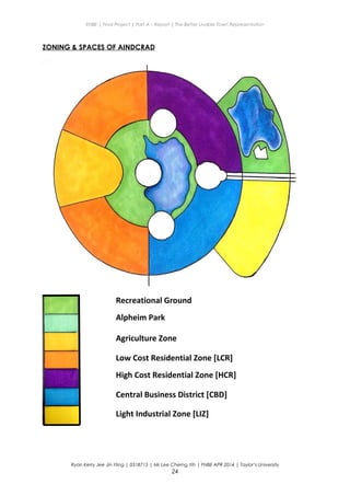 ENBE | Final Project | Part A – Report | The Better Livable Town Representation
ZONING & SPACES OF AINDCRAD
Ryan Kerry Jee Jin Yiing | 0318715 | Mr Lee Cherng Yih | FNBE APR 2014 | Taylor’s University
24
Recreational Ground
Alpheim Park
Agriculture Zone
Low Cost Residential Zone [LCR]
High Cost Residential Zone [HCR]
Central Business District [CBD]
Light Industrial Zone [LIZ]
 