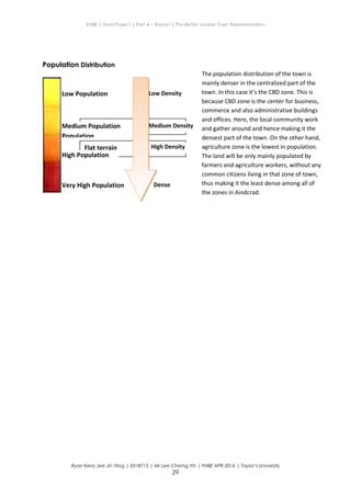 ENBE | Final Project | Part A – Report | The Better Livable Town Representation
Population Distribution
Ryan Kerry Jee Jin Yiing | 0318715 | Mr Lee Cherng Yih | FNBE APR 2014 | Taylor’s University
29
Flat terrain
Flat terrain
Low Population
Medium Population
Population
High Population
Very High Population
Low Density
Medium Density
High Density
Dense
The population distribution of the town is
mainly denser in the centralized part of the
town. In this case it’s the CBD zone. This is
because CBD zone is the center for business,
commerce and also administrative buildings
and offices. Here, the local community work
and gather around and hence making it the
densest part of the town. On the other hand,
agriculture zone is the lowest in population.
The land will be only mainly populated by
farmers and agriculture workers, without any
common citizens living in that zone of town,
thus making it the least dense among all of
the zones in Aindcrad.
 