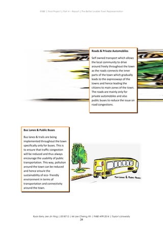 ENBE | Final Project | Part A – Report | The Better Livable Town Representation
Ryan Kerry Jee Jin Yiing | 0318715 | Mr Lee Cherng Yih | FNBE APR 2014 | Taylor’s University
34
Roads & Private Automobiles
Self owned transport which allows
the local community to drive
around freely throughout the town
as the roads connects the inner
parts of the town which gradually
leads to the expressways of the
towns and hence leading the
citizens to main zones of the town.
The roads are mainly only for
private automobiles and also
public buses to reduce the issue on
road congestions.
Bus Lanes & Public Buses
Bus lanes & trails are being
implemented throughout the town
specifically only for buses. This is
to ensure that traffic congestion
will be reduced and thus always
encourage the usability of public
transportation. This way, pollution
around the town can be reduced
and hence ensure the
sustainability of eco- friendly
environment in terms of
transportation and connectivity
around the town.
 