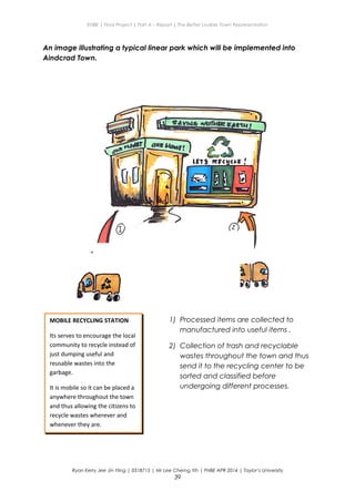 ENBE | Final Project | Part A – Report | The Better Livable Town Representation
An image illustrating a typical linear park which will be implemented into
Aindcrad Town.
Ryan Kerry Jee Jin Yiing | 0318715 | Mr Lee Cherng Yih | FNBE APR 2014 | Taylor’s University
39
MOBILE RECYCLING STATION
Its serves to encourage the local
community to recycle instead of
just dumping useful and
reusable wastes into the
garbage.
It is mobile so it can be placed a
anywhere throughout the town
and thus allowing the citizens to
recycle wastes wherever and
whenever they are.
1) Processed items are collected to
manufactured into useful items .
2) Collection of trash and recyclable
wastes throughout the town and thus
send it to the recycling center to be
sorted and classified before
undergoing different processes.
 