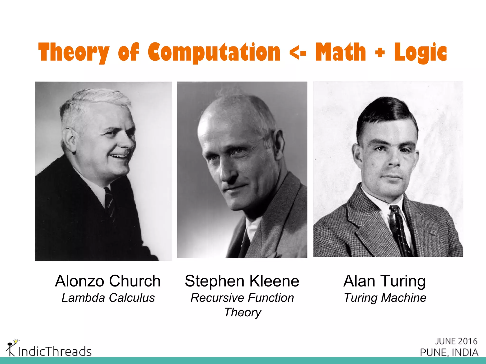 Theory of Computation <- Math + Logic
Alonzo Church
Lambda Calculus
Alan Turing
Turing Machine
Stephen Kleene
Recursive Function
Theory
 