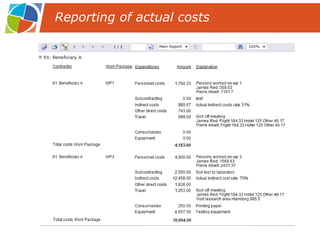 Click on ‘Explanation costs’ in the navigation panel Select WP Select period Actual costs appear Enter explanation of the actual costs Click on <Save> to save the entered explanation Repeat for each work package Reporting of actual costs 