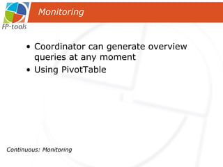 Coordinator can generate overview queries at any moment Using PivotTable Continuous: Monitoring Monitoring 