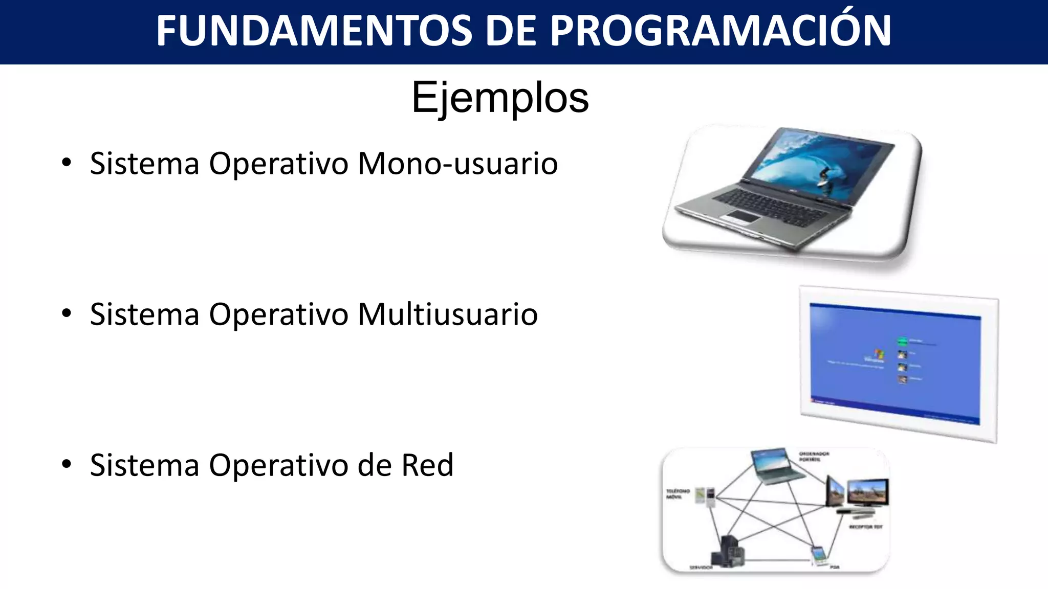Ejemplos
• Sistema Operativo Mono-usuario
• Sistema Operativo Multiusuario
• Sistema Operativo de Red
FUNDAMENTOS DE PROGRAMACIÓN
 
